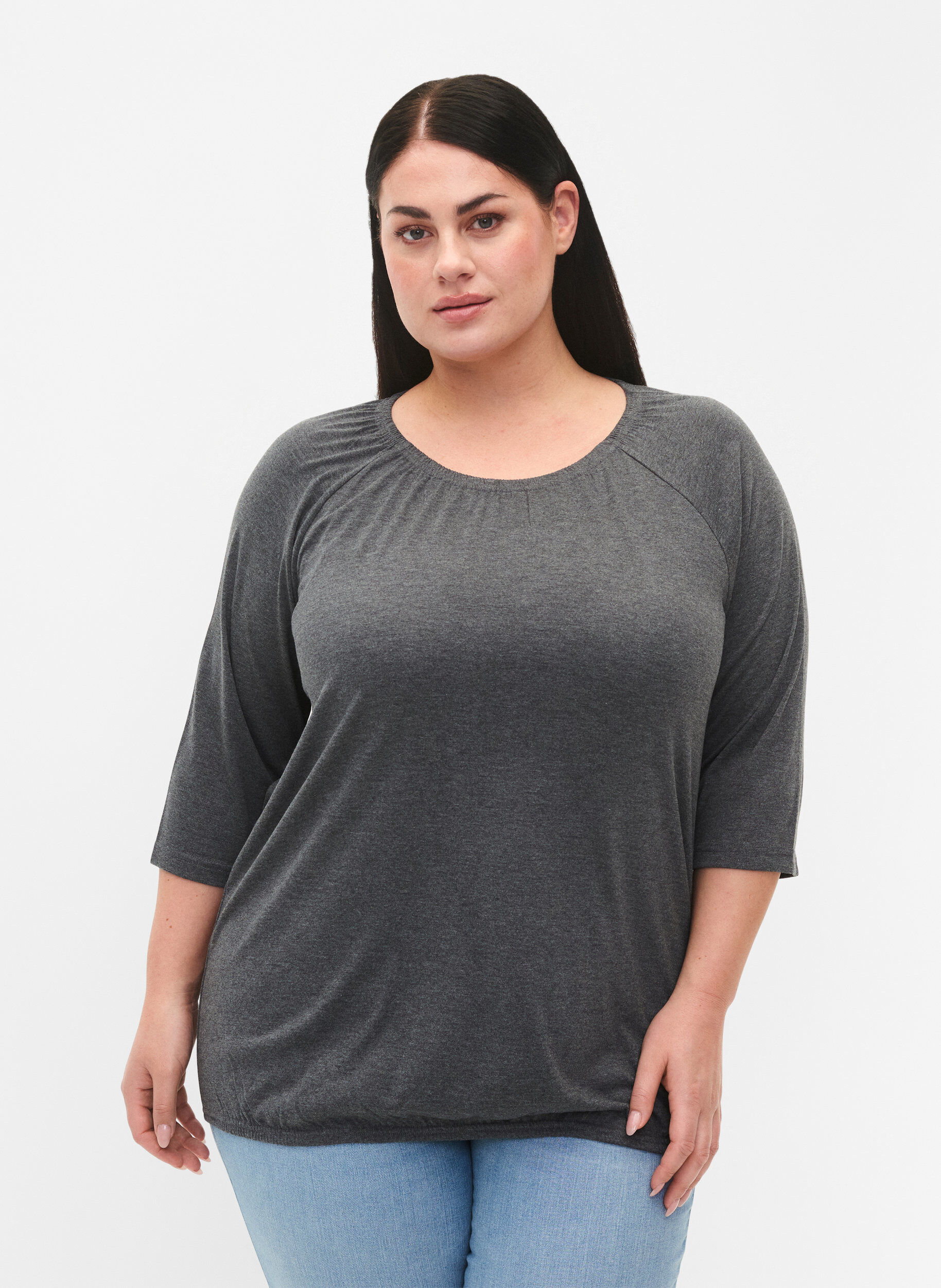 Zizzi Gestreifte Bluse mit 3/4 &Auml;rmeln, Dark Grey Melange, Model image number 0