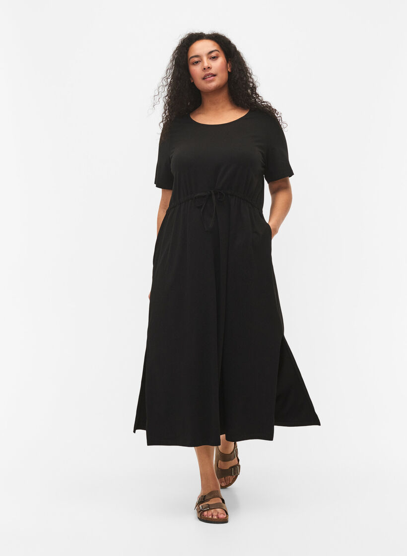 Midikleid aus Baumwolle mit kurzen Ärmeln, Schwarz, Model image number 0