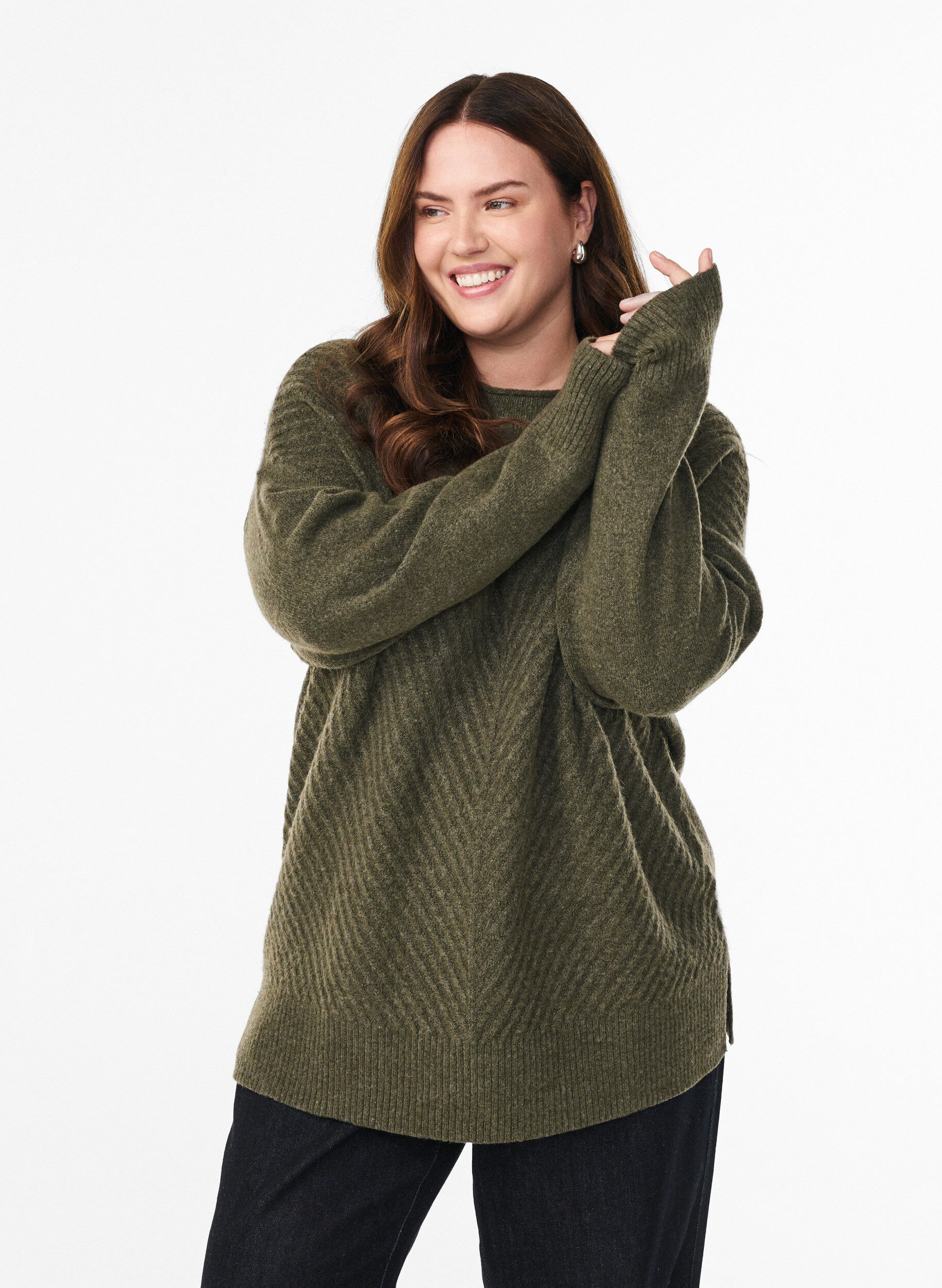 Zizzi Strickbluse mit V-f&ouml;rmigem Rippenmuster und Schlitzen, Gr&uuml;n, Model image number 0