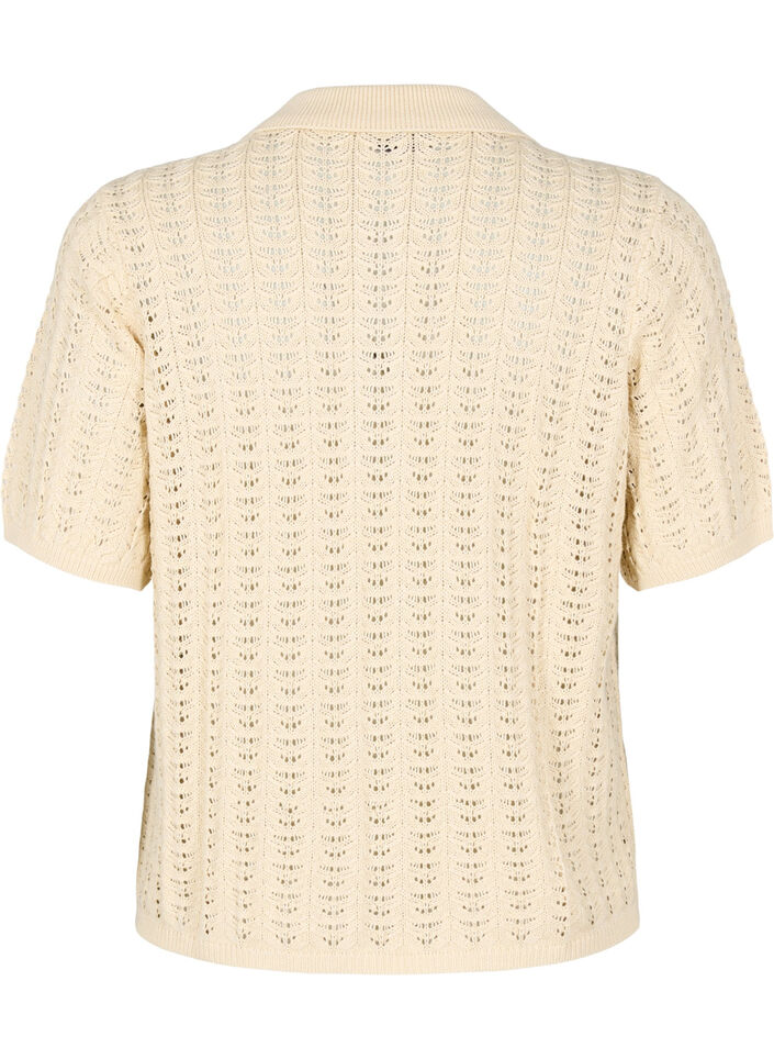Gestricktes Poloshirt mit Lochmuster, Beige, Packshot image number 1