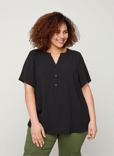 Bluse mit kurzen Ärmeln und V-Ausschnitt, Black, Model image number 0