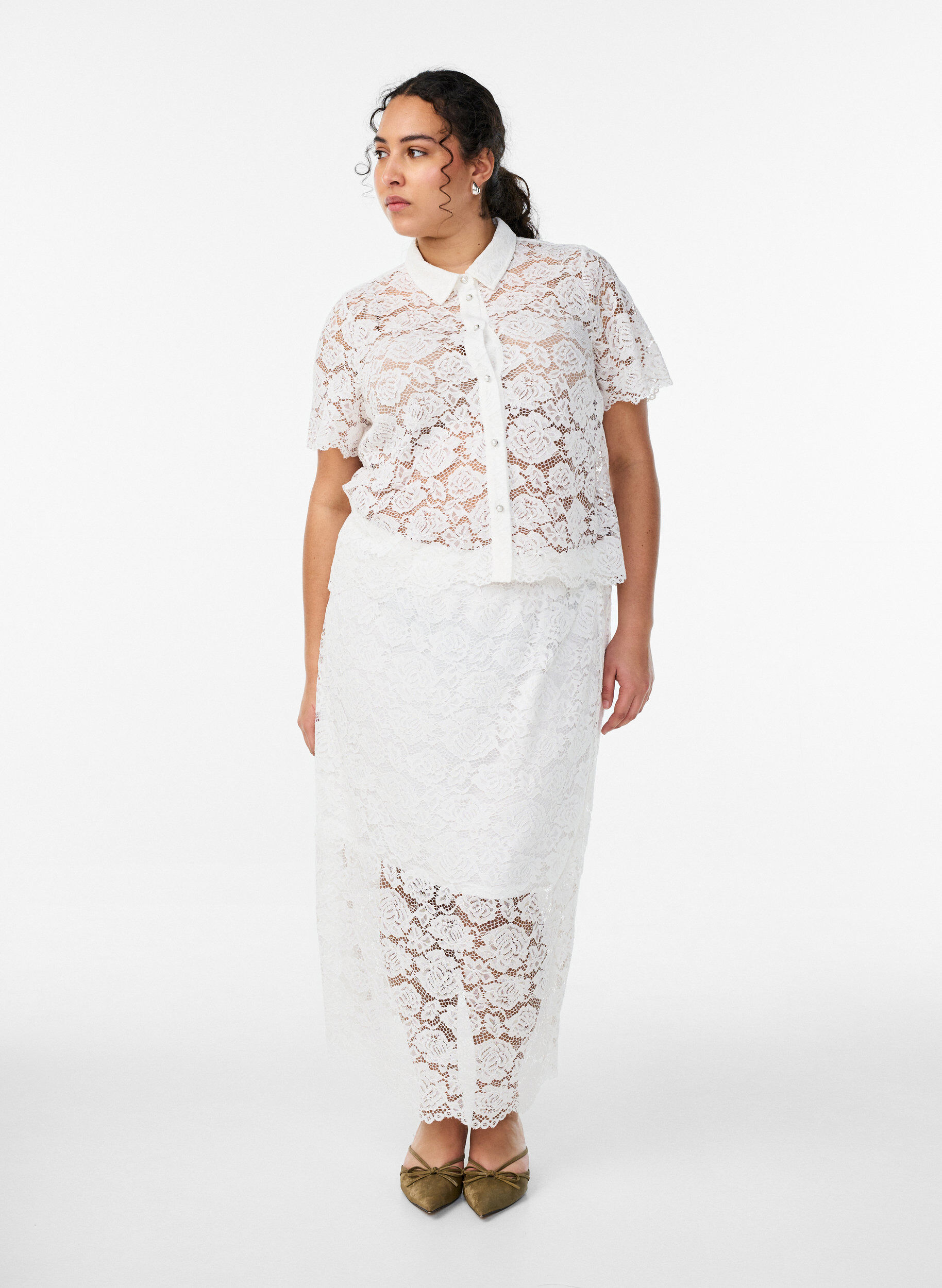 Zizzi Midi-Spitzenrock mit elastischem Bund, Wei&szlig;, Model image number 1