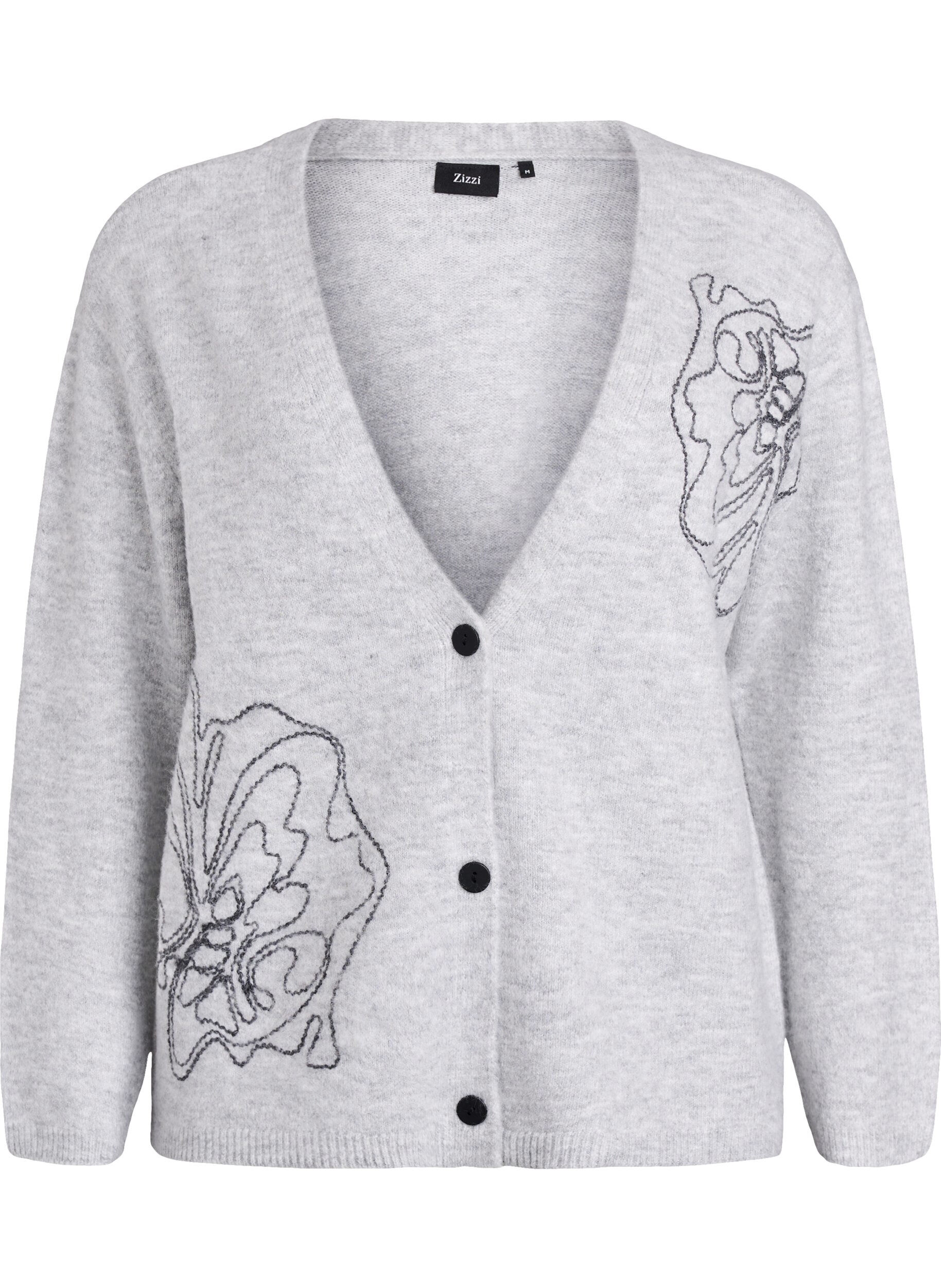 Zizzi Strickjacke mit V-Ausschnitt und aufgestickten Blumen, Grau, Packshot image number 0