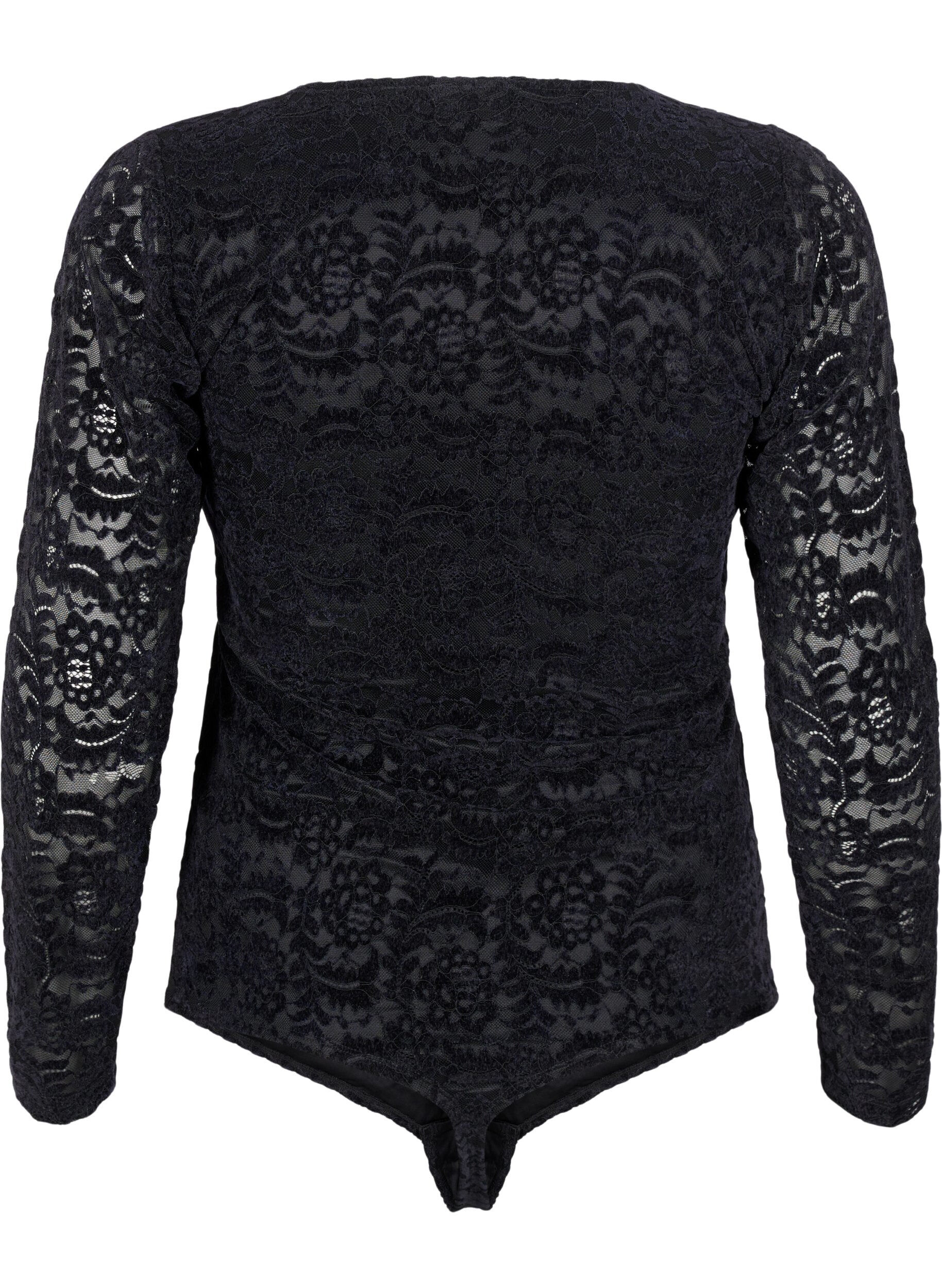 Zizzi Spitzen-Body mit langen &Auml;rmeln, Black, Packshot image number 1