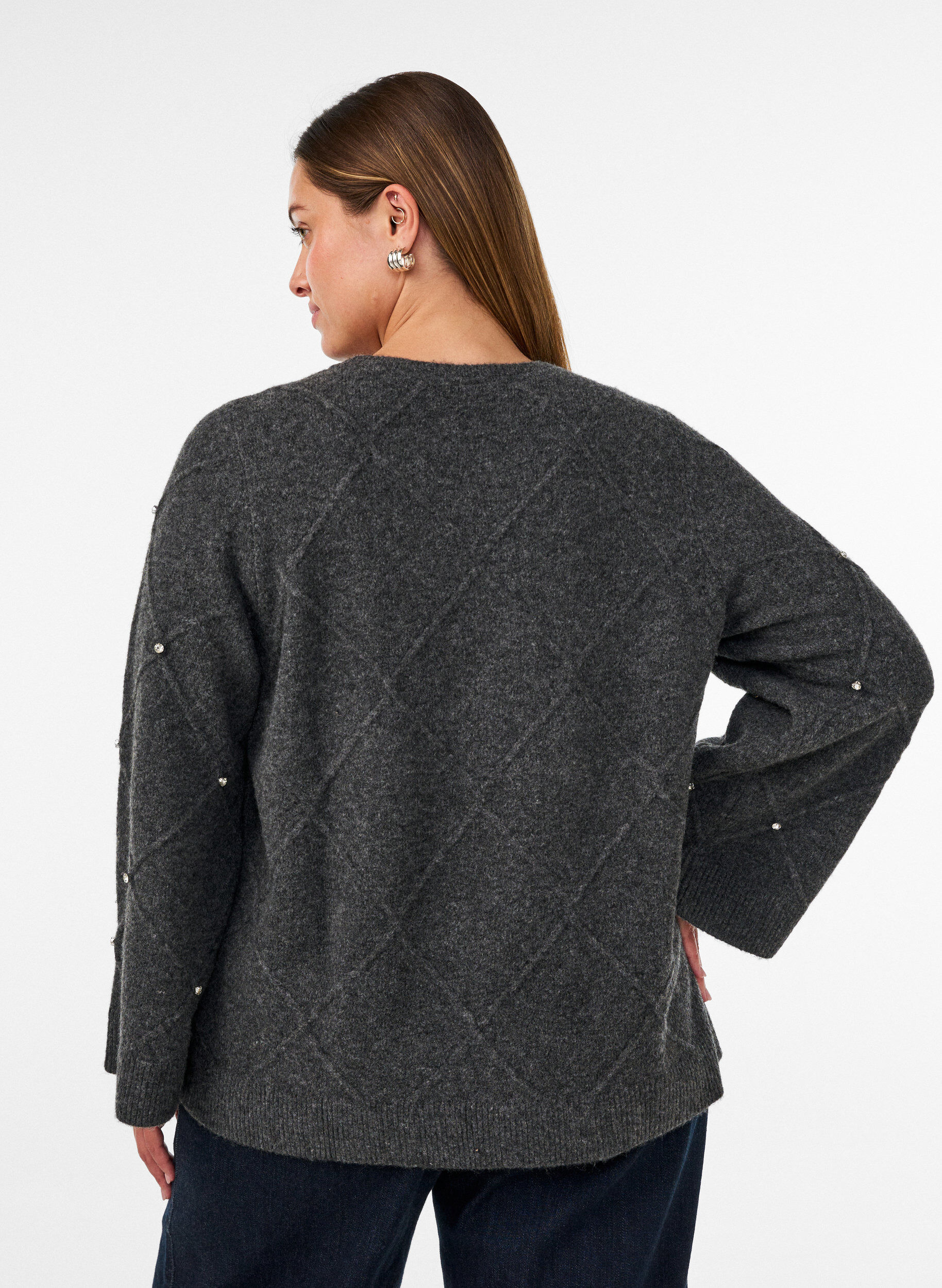 ZizziBluse aus Strick mit Strasssteinen und Rautenmuster, Grau, Model image number 2
