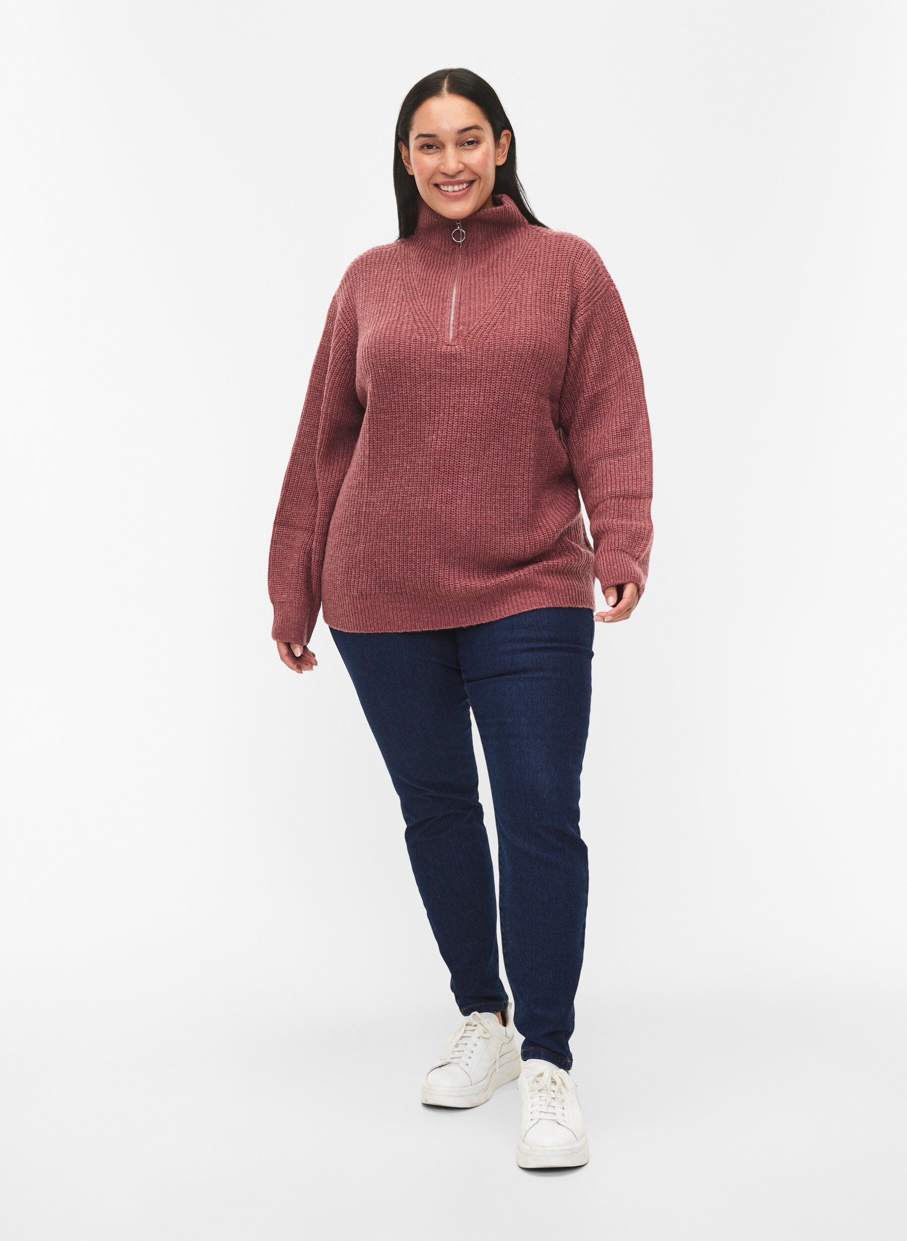 Zizzi FLASH &ndash; Strickpullover mit hohem Kragen und Rei&szlig;verschluss, Rot, Model image number 1