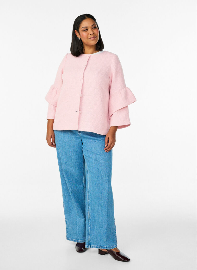 Jacke aus Boucl&eacute; mit R&uuml;schendetails, Pink, Model image number 1