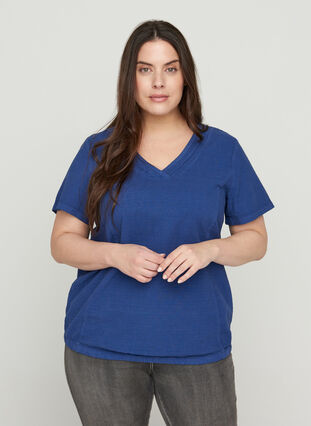 Kurzarm Bluse aus Baumwolle mit V-Ausschnitt, Twilight Blue, Model image number 0
