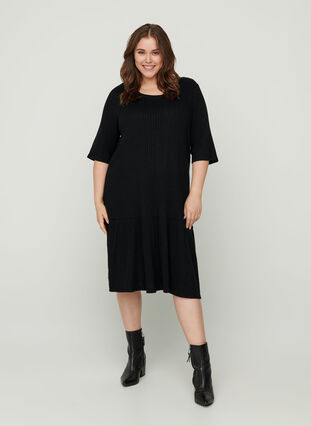 Ripp Kleid mit 2/4-Ärmeln, Black, Model image number 2