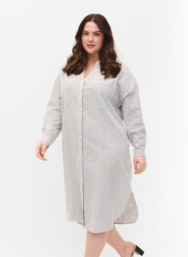 Gestreiftes Hemdkleid aus Baumwolle, White Stripe, Model image number 0