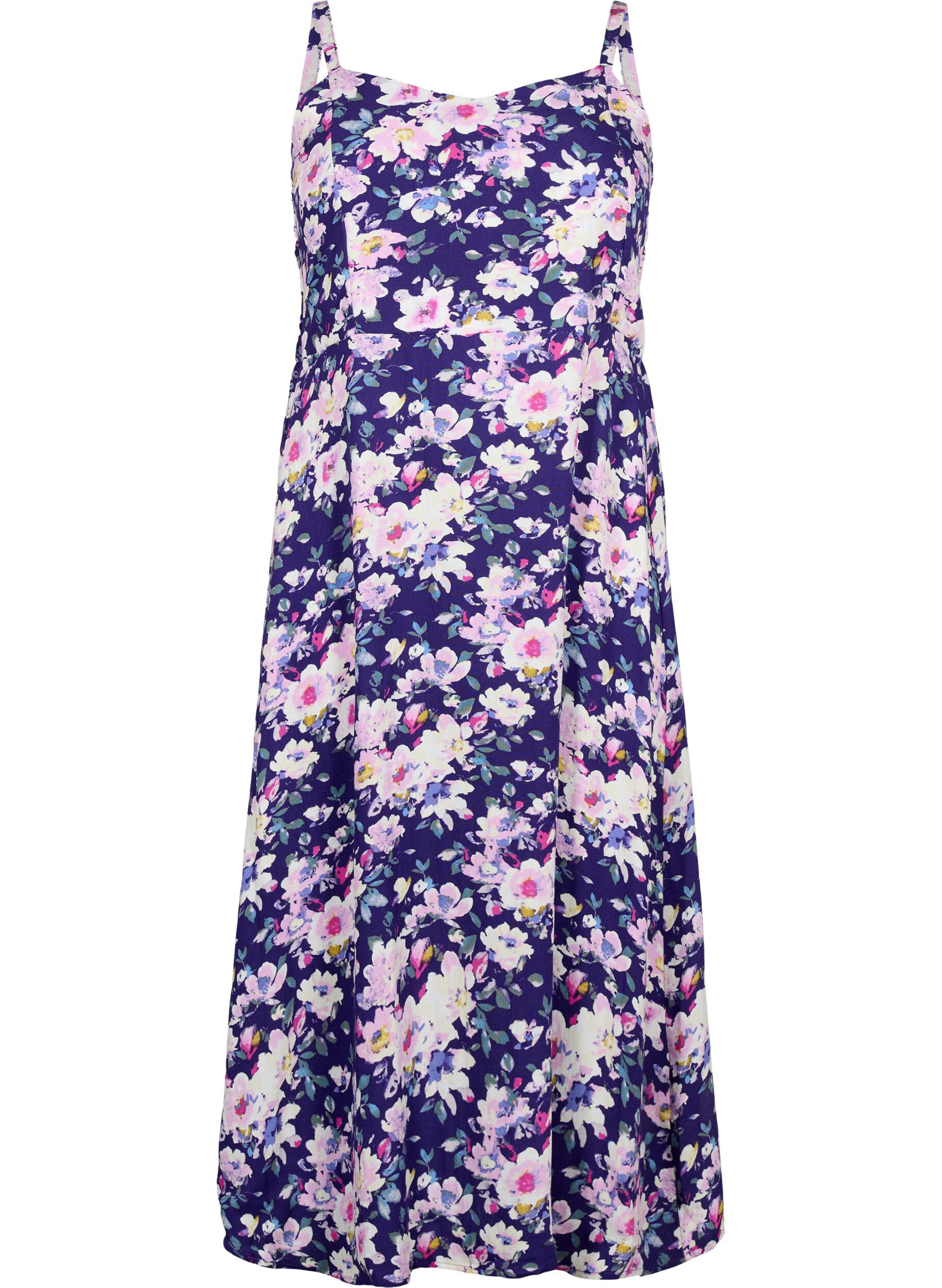 Zizzi Gebl&uuml;mtes Tr&auml;gerkleid aus Viskose mit Smok, Blue Flower, Packshot image number 0