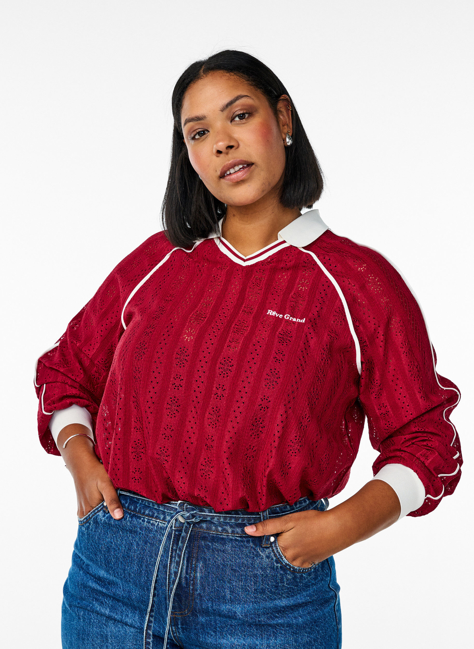 Zizzi Jerseybluse mit Struktur und Kontrastdetails, Rot, Model image number 0