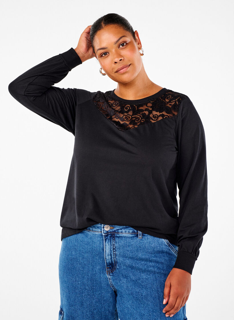 Sweatshirt mit Spitzendetails, Black, Model image number 0