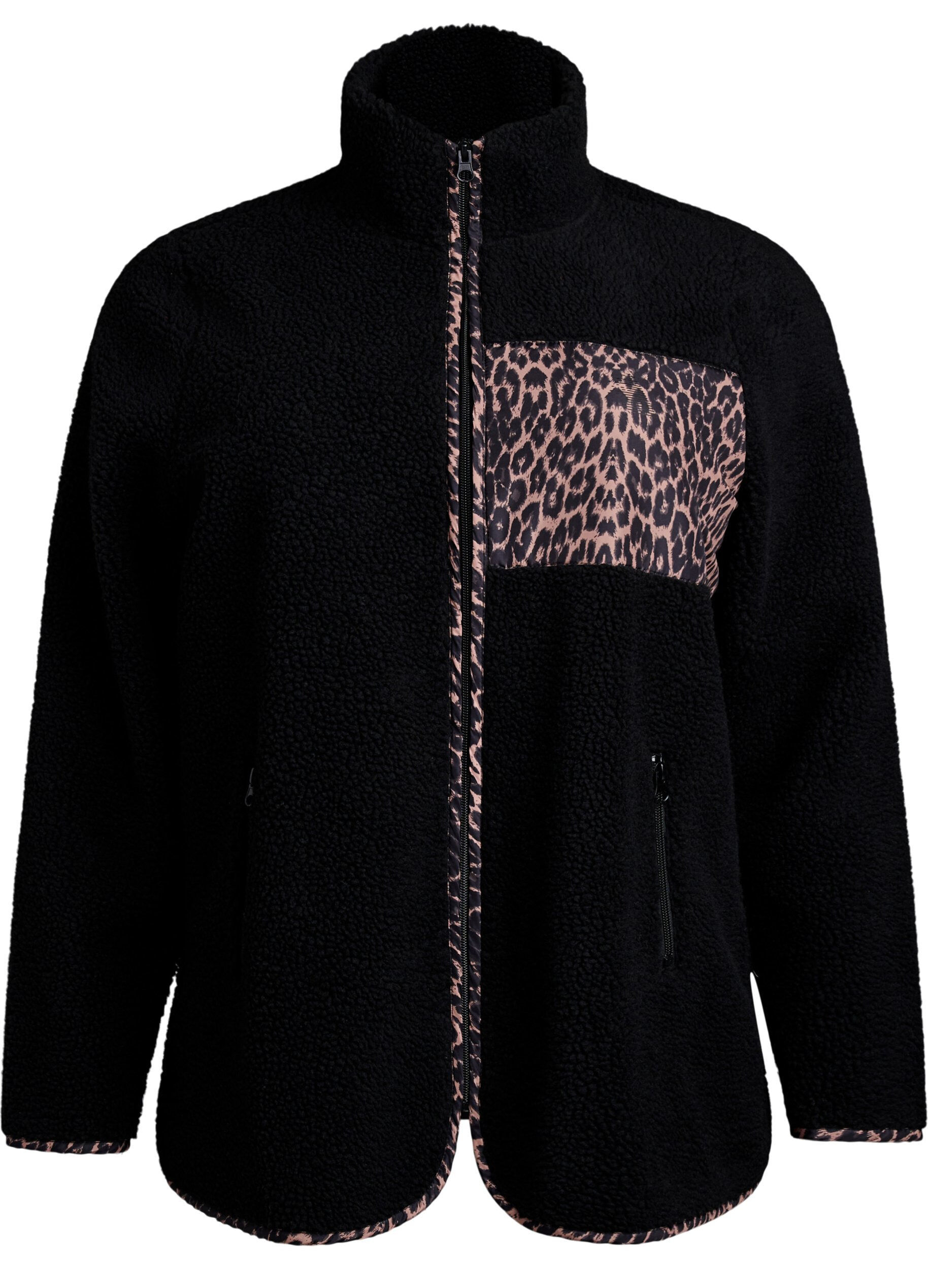 Zizzi Teddyfell-Jacke mit Leopardenmuster, Schwarz, Packshot image number 0