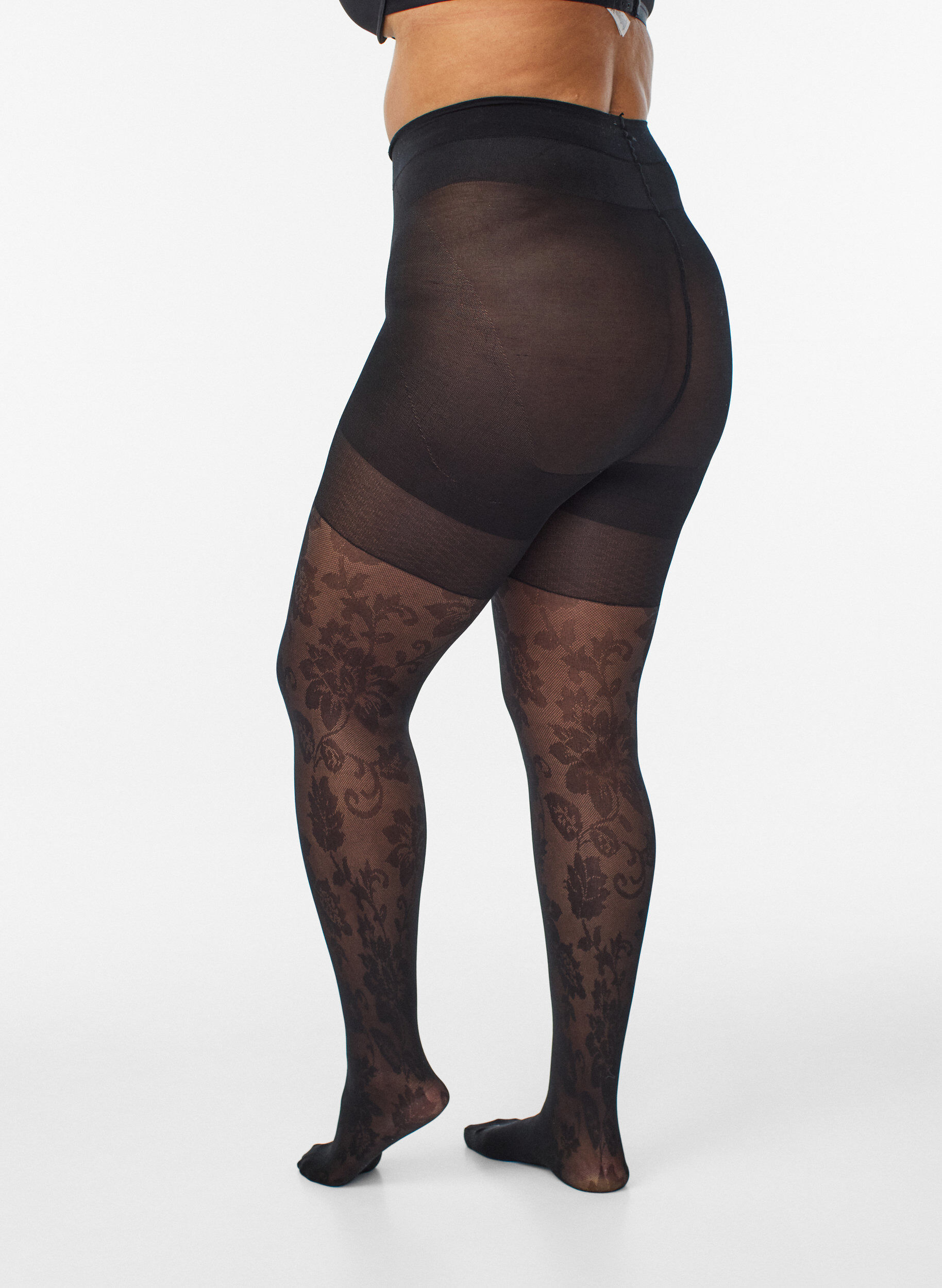 Zizzi Gebl&uuml;mte Strumpfhose mit Push-up-Effekt - 50 Den, Schwarz, Model image number 1