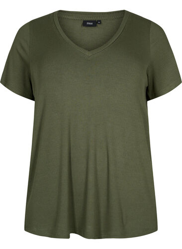 Viskose T-Shirt mit Ripp und V-Ausschnitt, Thyme, Packshot image number 0
