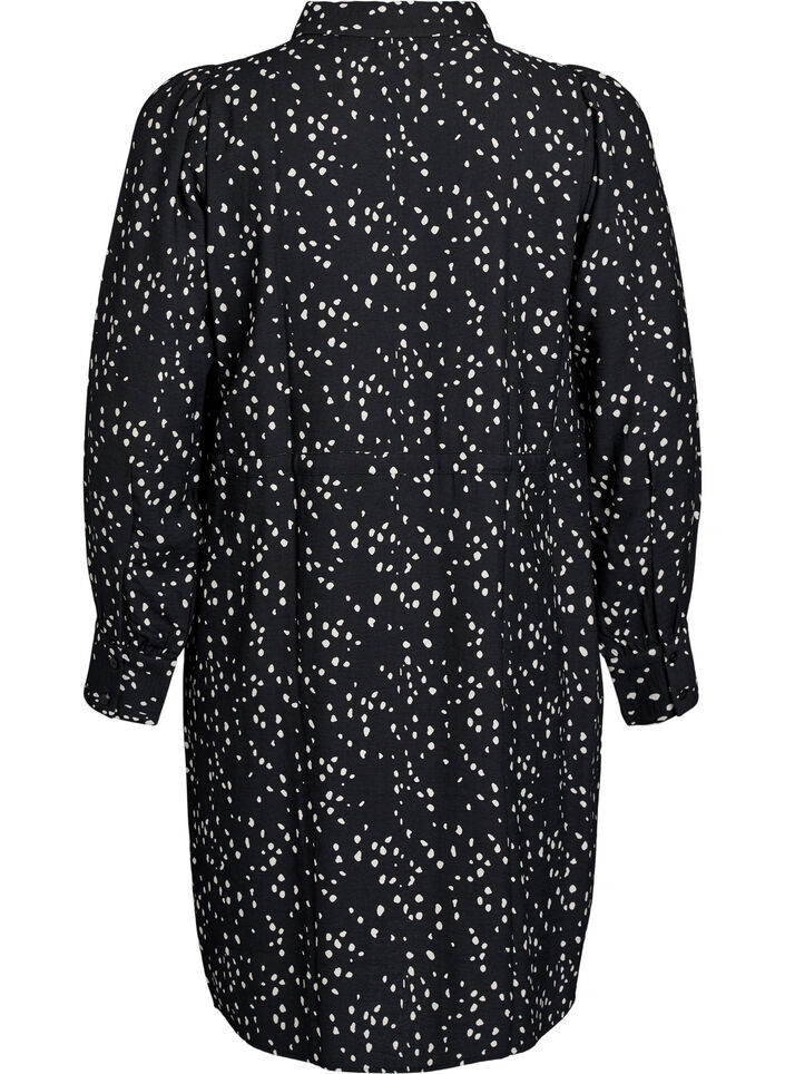 Blusenkleid aus bedrucktem Material mit Bindegürtel, Schwarz, Packshot image number 1