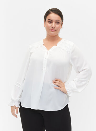Bluse mit langen Ärmeln und Knopfverschluss, Bright White, Model image number 0