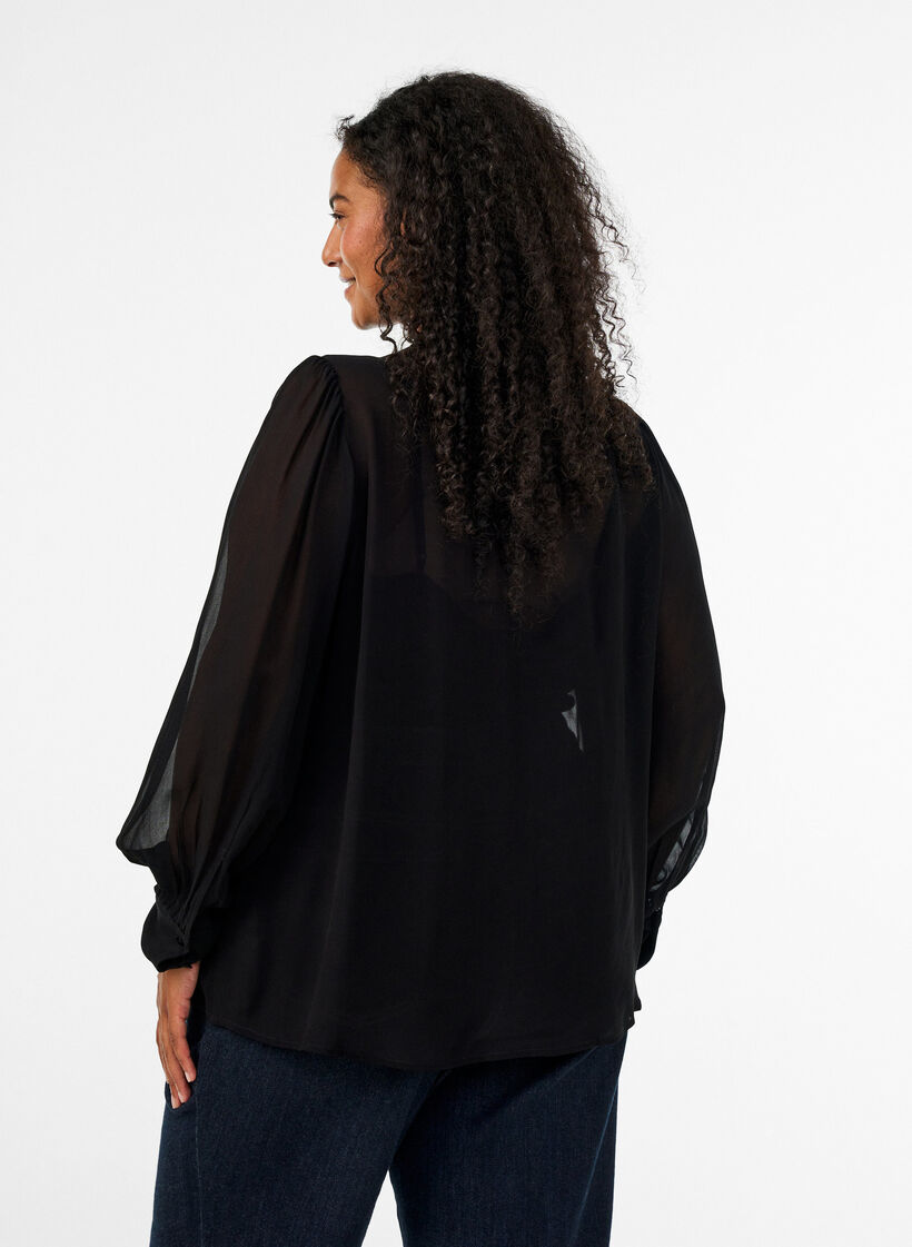 Bluse aus Viskose mit R&uuml;schenkragen, Schwarz, Model image number 2