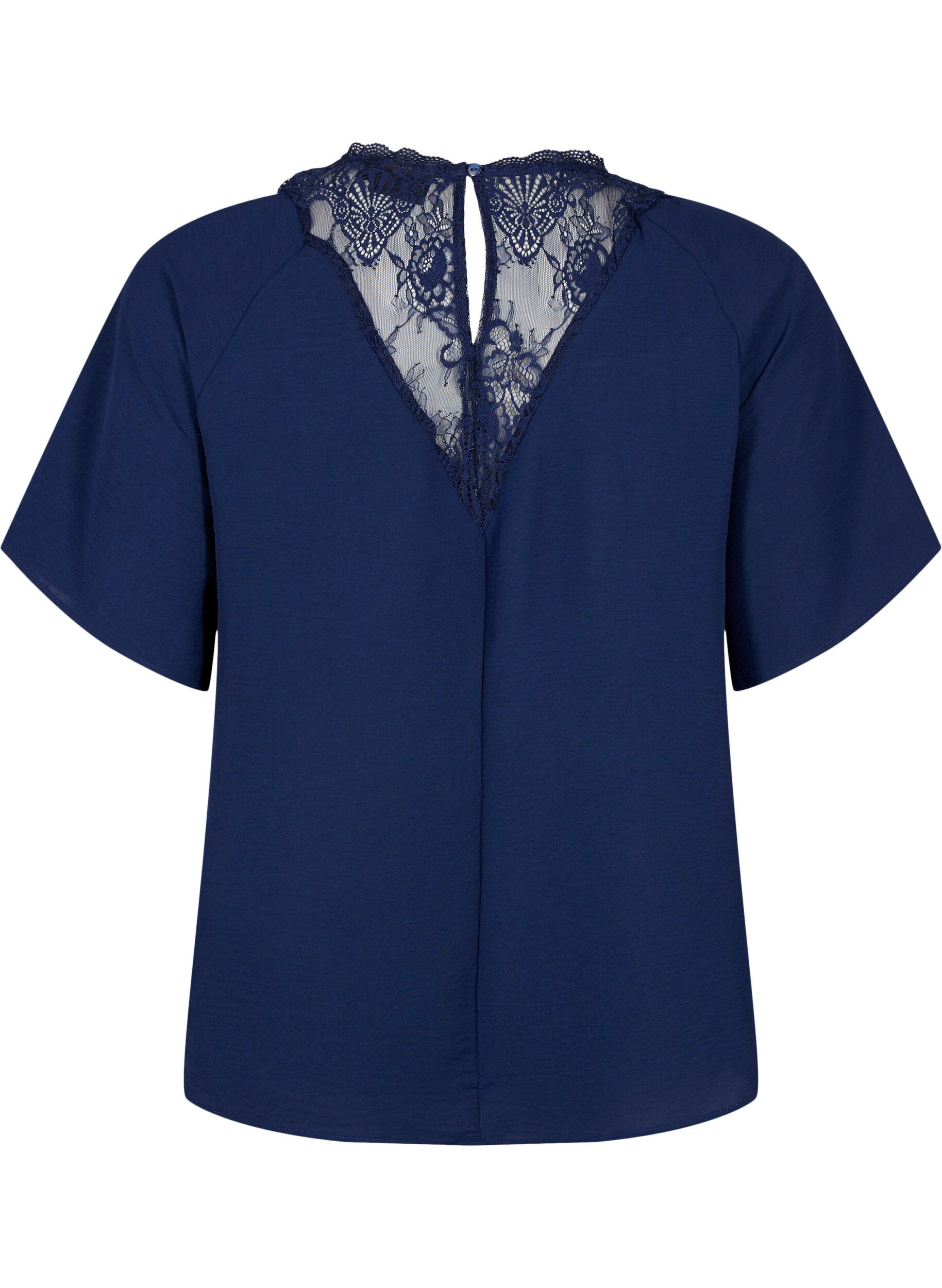 Zizzi Kurz&auml;rmelige Bluse mit Spitze , Navy Blazer, Packshot image number 1