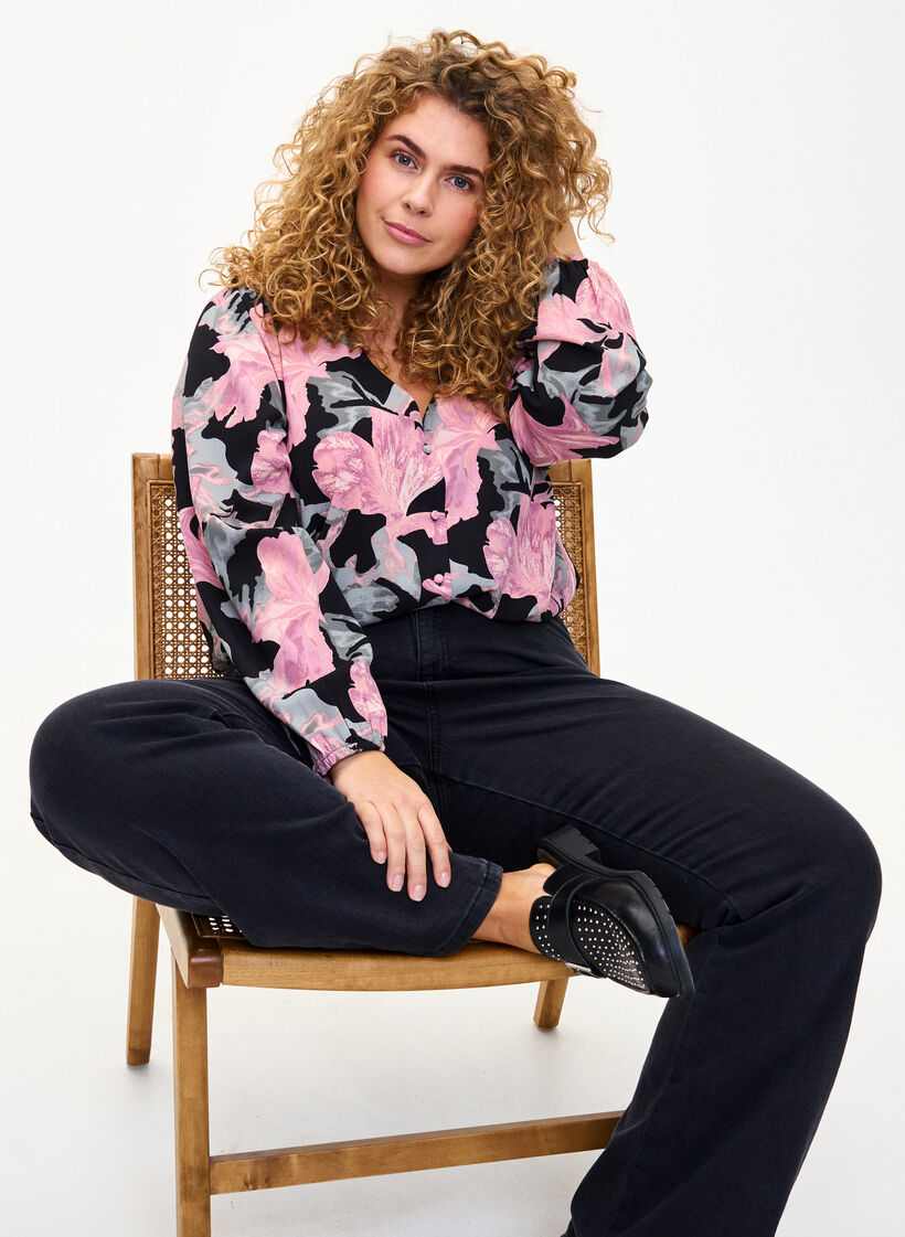  Hemdbluse mit V-Ausschnitt und Aufdruck, Black Pale Mauve Fl., Image image number 0