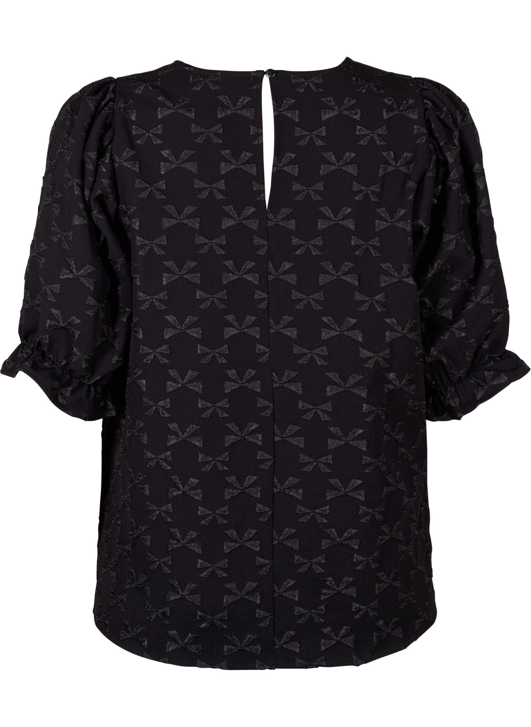 Zizzi Kurz&auml;rmelige Jacquard-Bluse mit Schleifen, Black W. Bow, Packshot image number 1