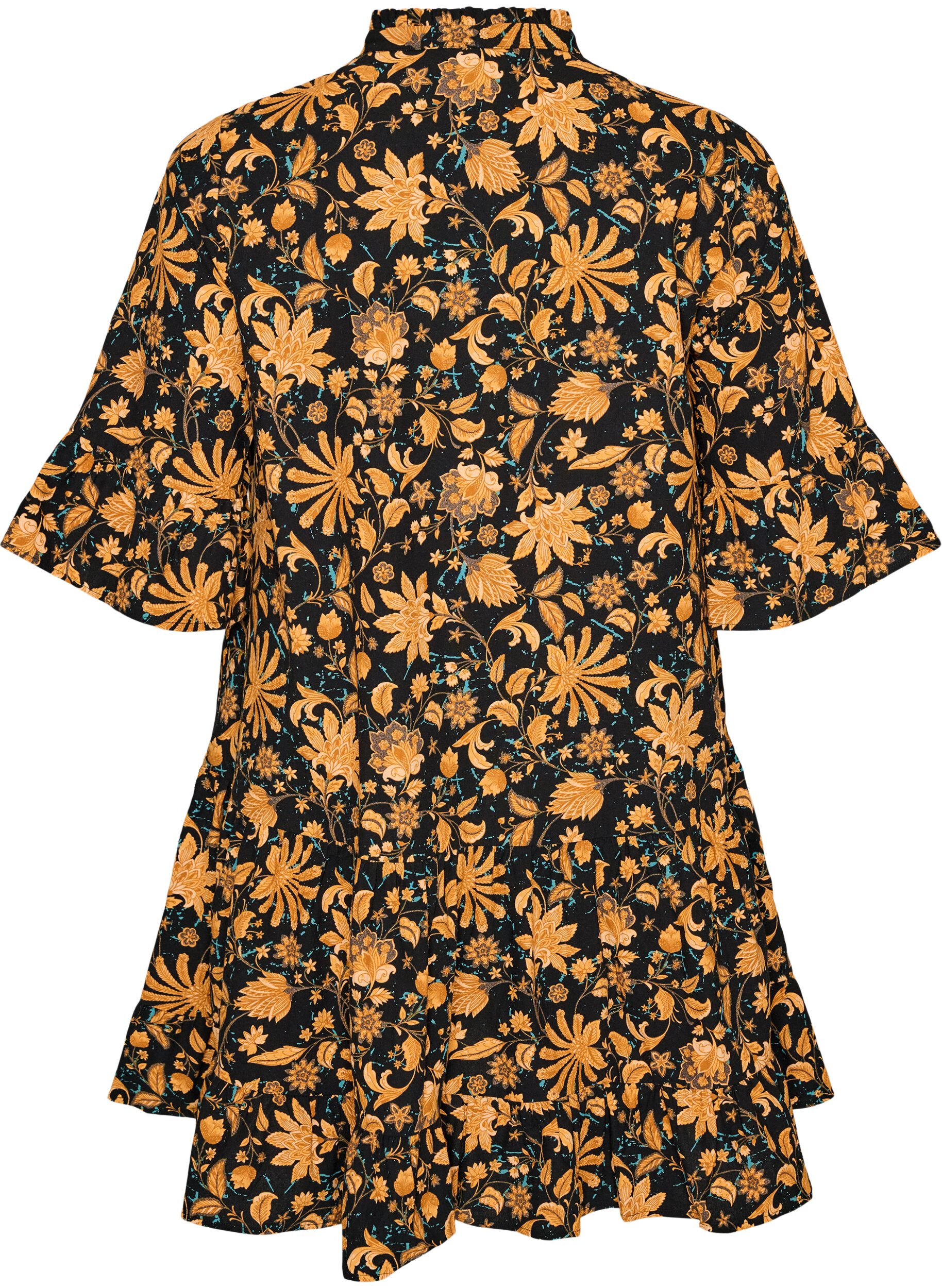 ZizziGebl&uuml;mtes Kleid aus Baumwolle mit R&uuml;schendetails und lockerer A-Linien-Form, Orange, Packshot image number 1