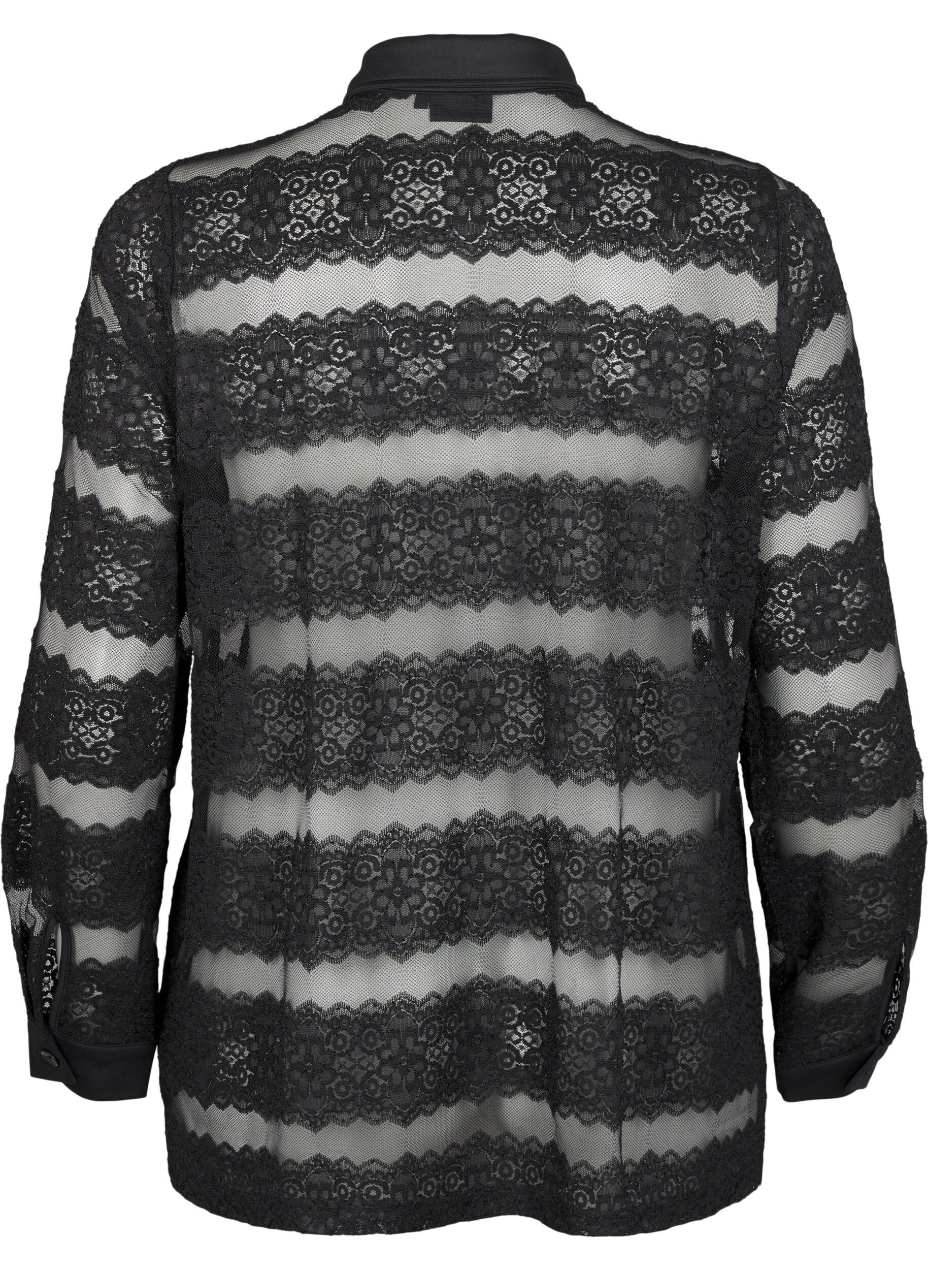 Zizzi Lockere Bluse mit Spitze und transparentem Mesh, Black, Packshot image number 1