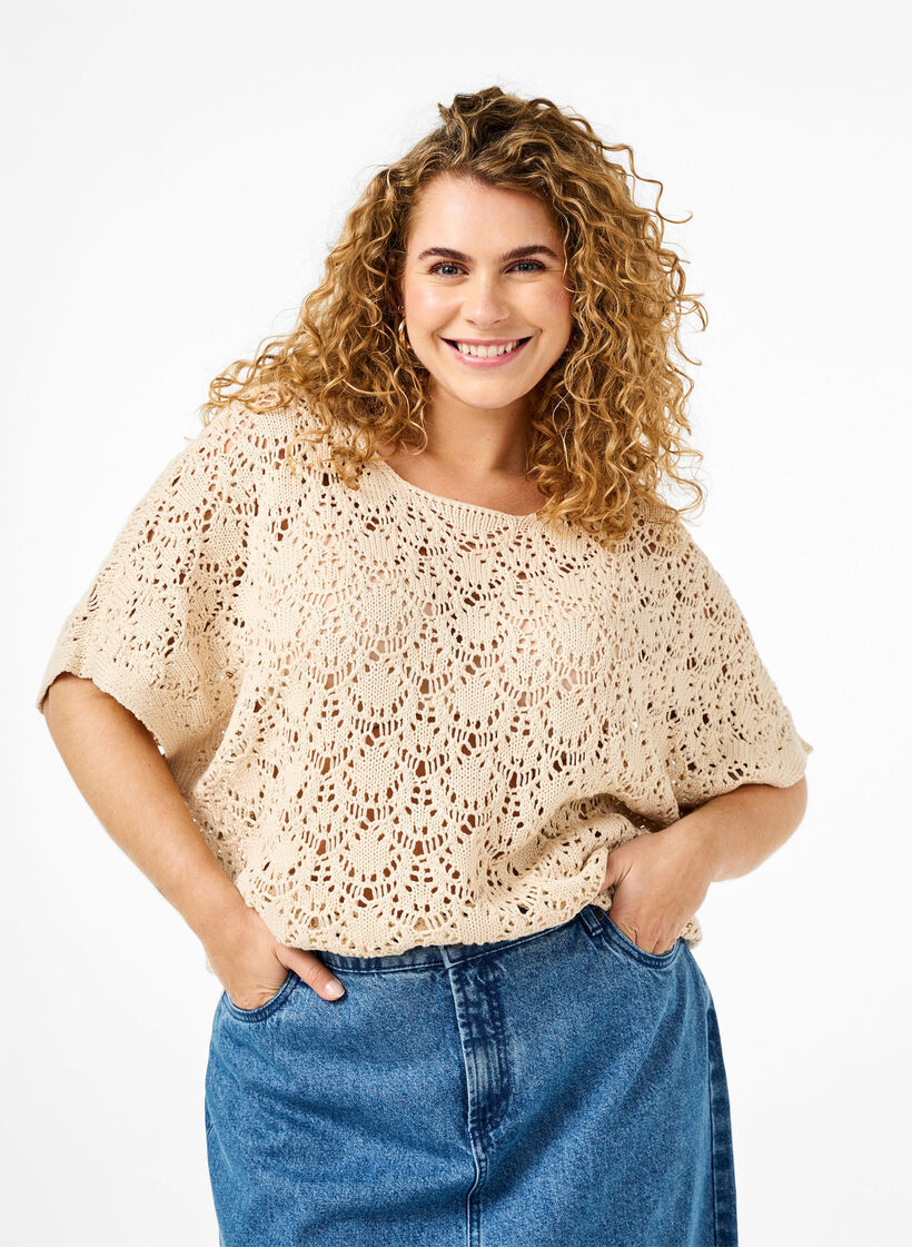 Strickbluse mit kurzen Fledermaus&auml;rmeln, Beige, Model image number 0