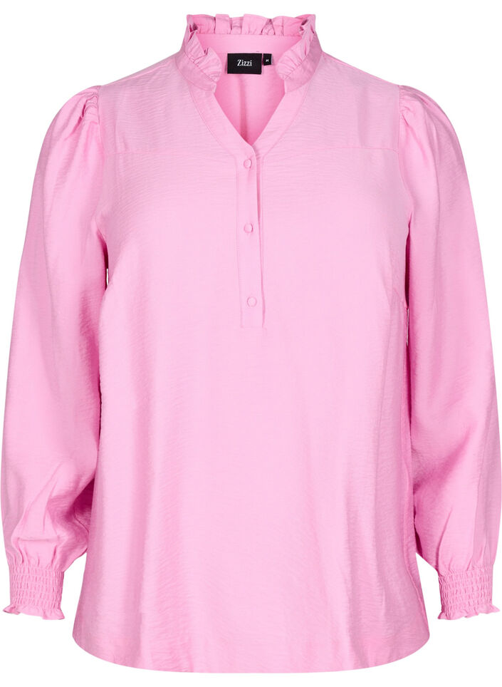 Bluse mit Rüschenkragen, Pink, Packshot image number 0