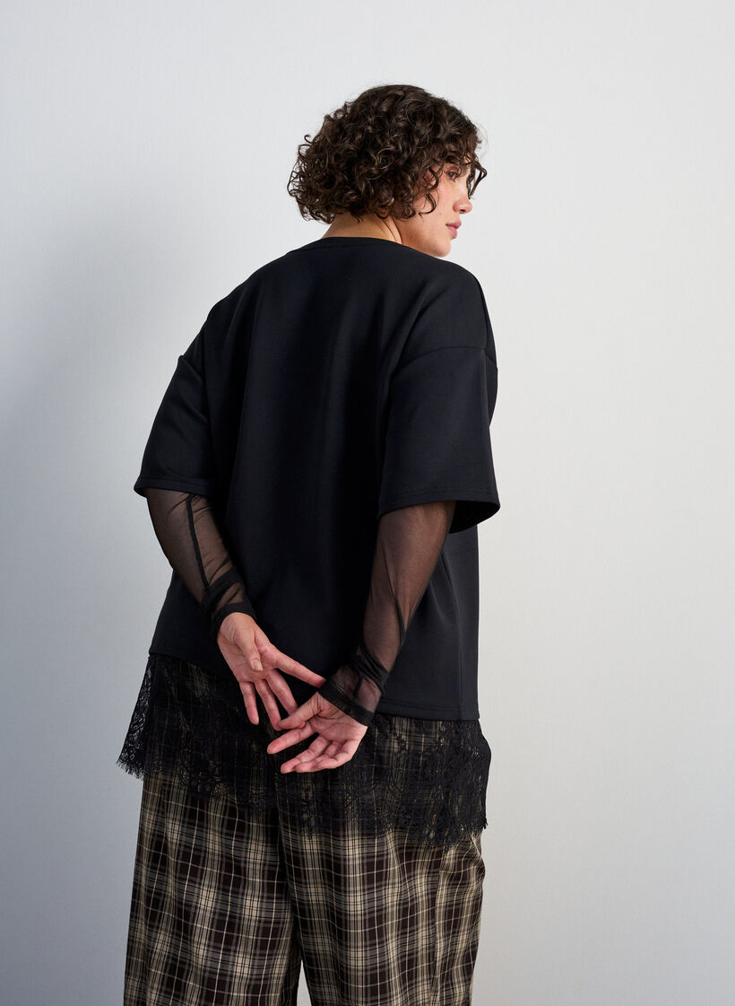 Bluse mit Mesh-&Auml;rmeln und Spitzenbesatz, Schwarz, Model image number 2