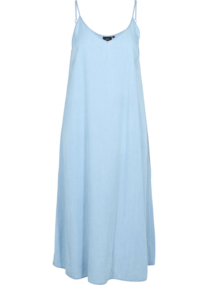 Langes Denim Kleid mit schmalen Trägern, Light blue denim, Packshot image number 0