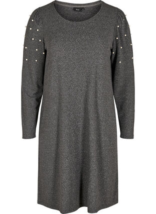 Kleid mit langen Puffärmeln und Perlen, Dark Grey Melange, Packshot image number 0