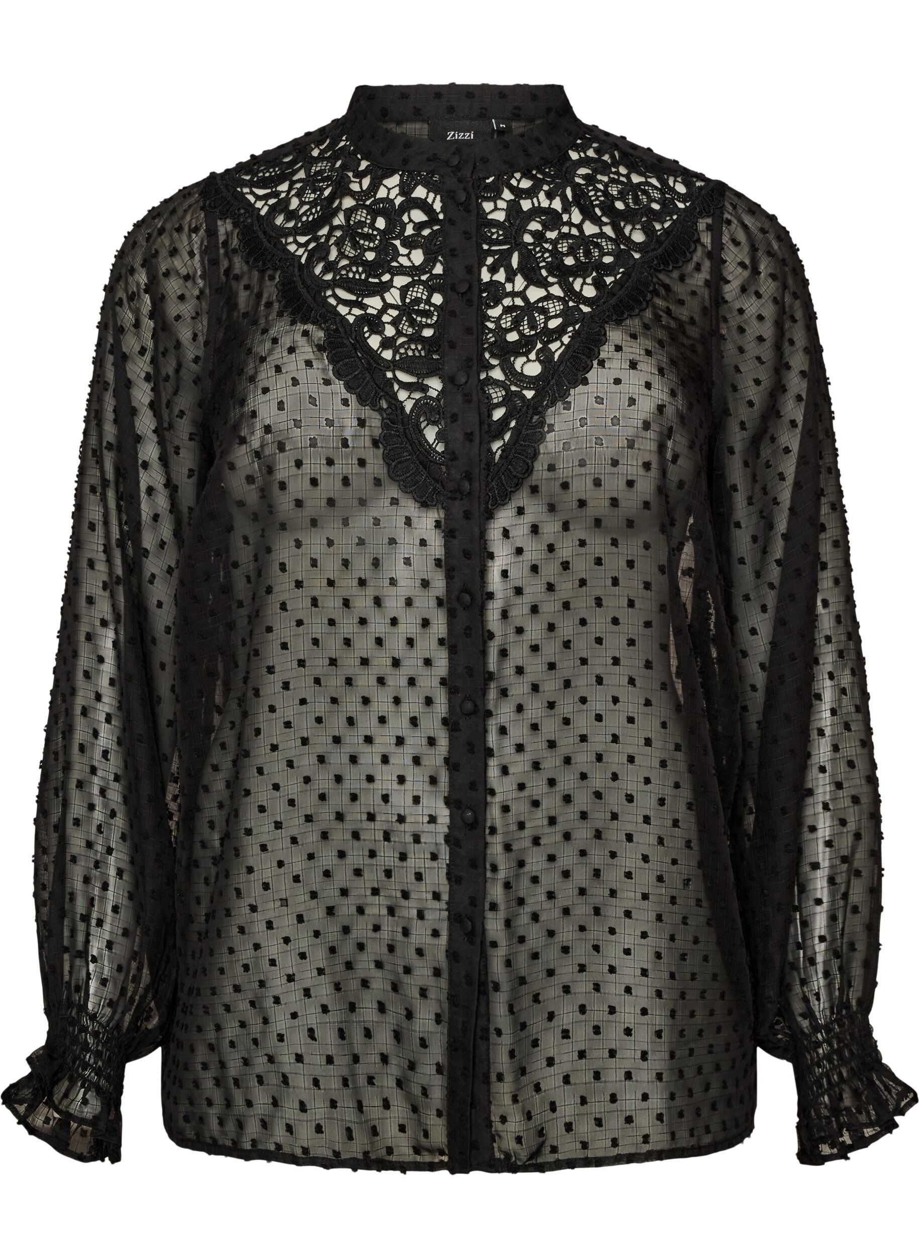 ZizziHemdbluse mit Spitzeneinsatz und Punktemuster, Schwarz, Packshot image number 0