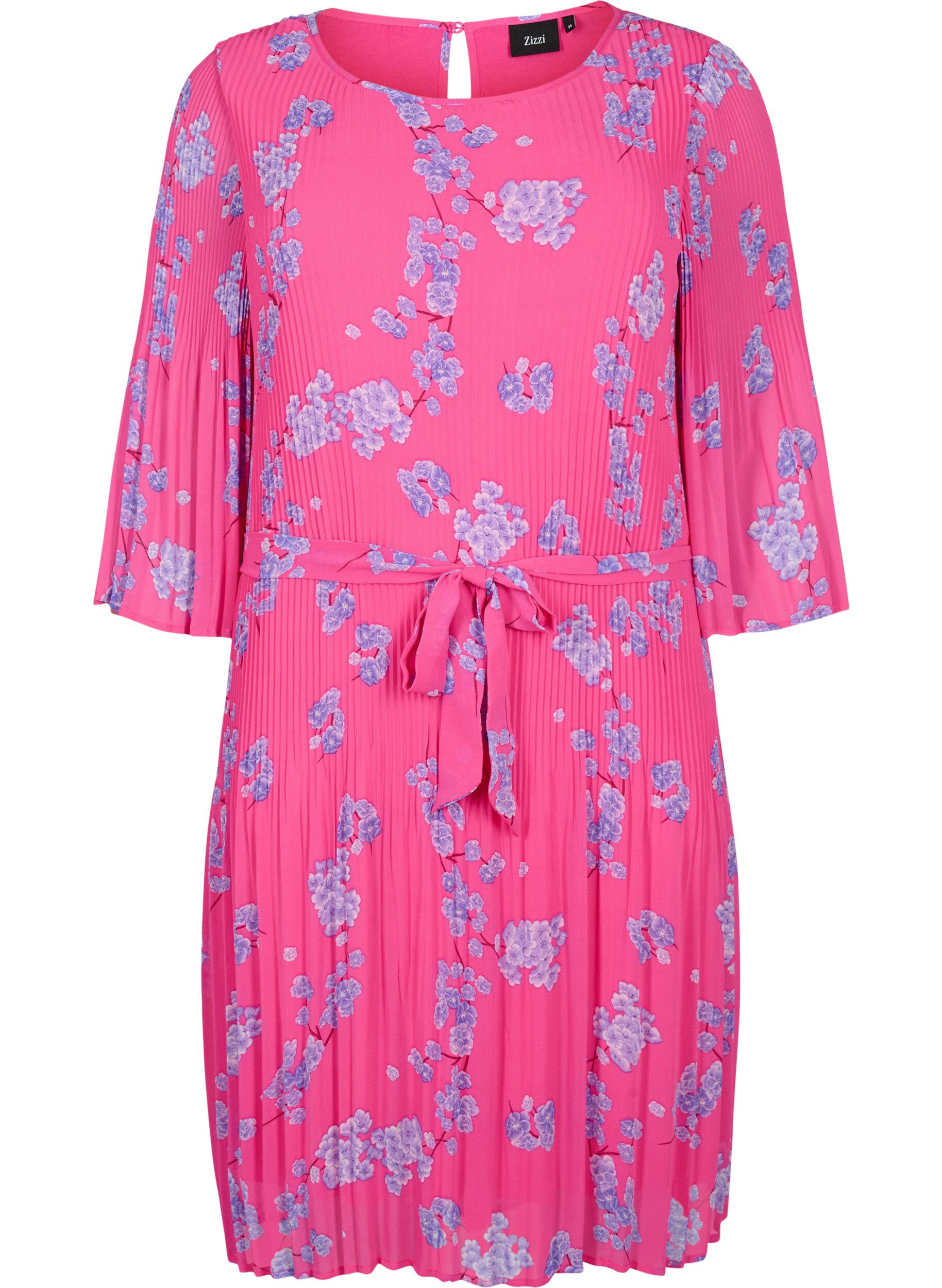 Zizzi Plisseekleid mit Bindeband und Print, Beetroot Purple AOP, Packshot image number 0