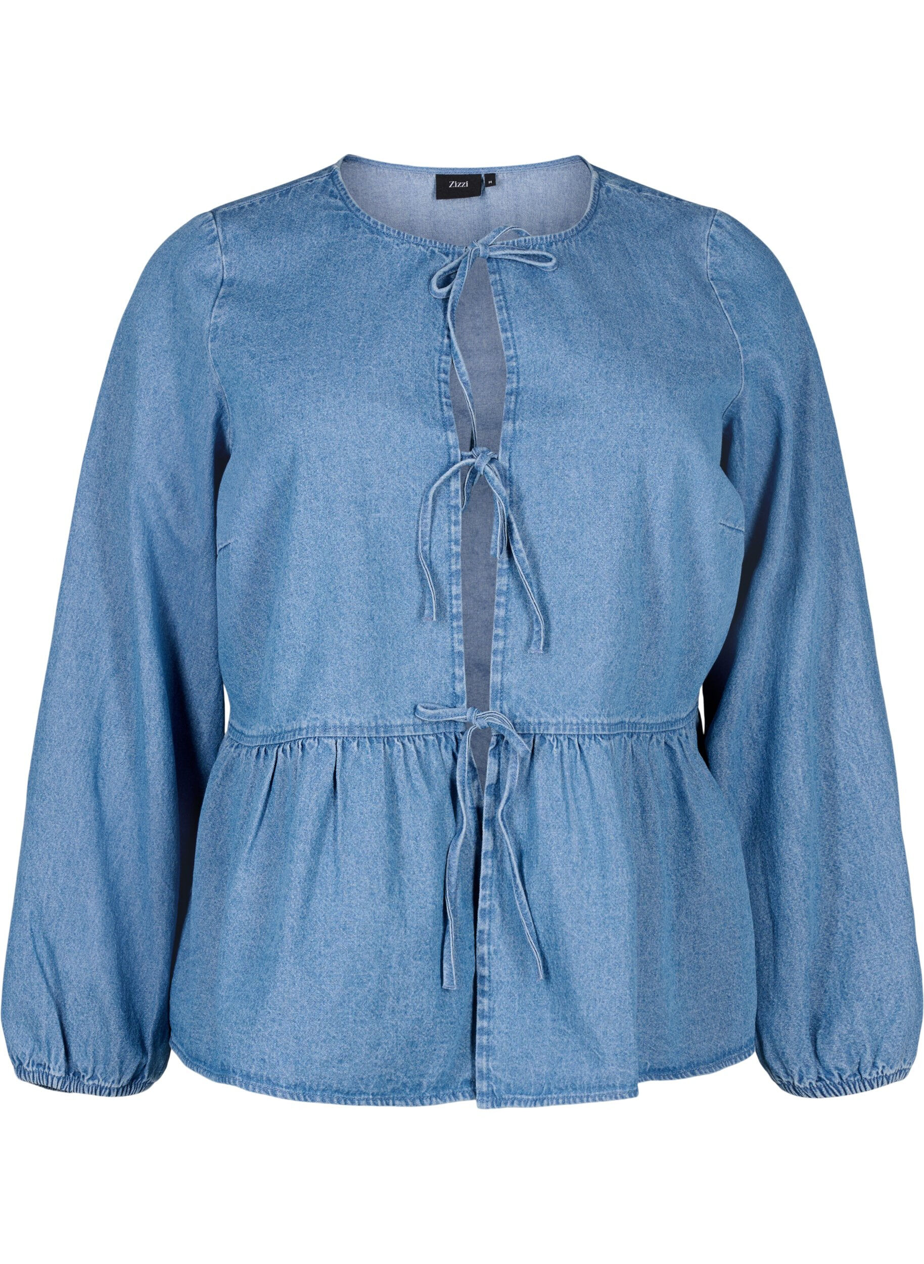 Zizzi Bluse aus Denim mit Sch&ouml;&szlig;chen und Bindeverschluss, Light Blue Denim, Packshot image number 0