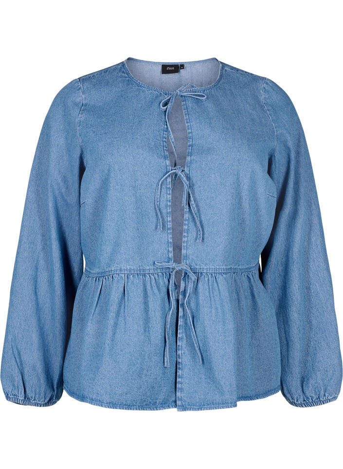 Bluse aus Denim mit Schößchen und Bindeverschluss, Light Blue Denim, Packshot image number 0