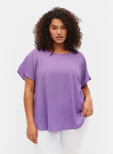 Bluse mit kurzen Ärmeln und Rundhalsausschnitt, Deep Lavender, Model image number 0