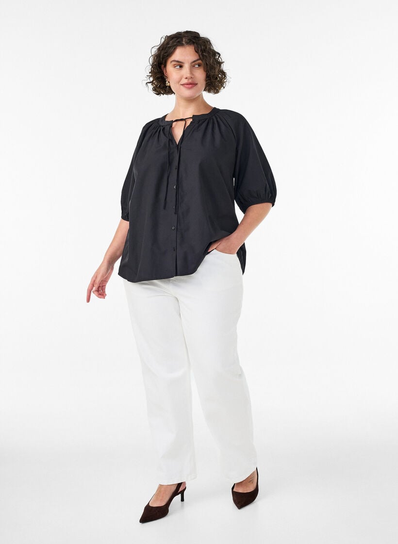Hemdbluse mit Knopfleiste und Bindeg&uuml;rtel, Schwarz, Model image number 1