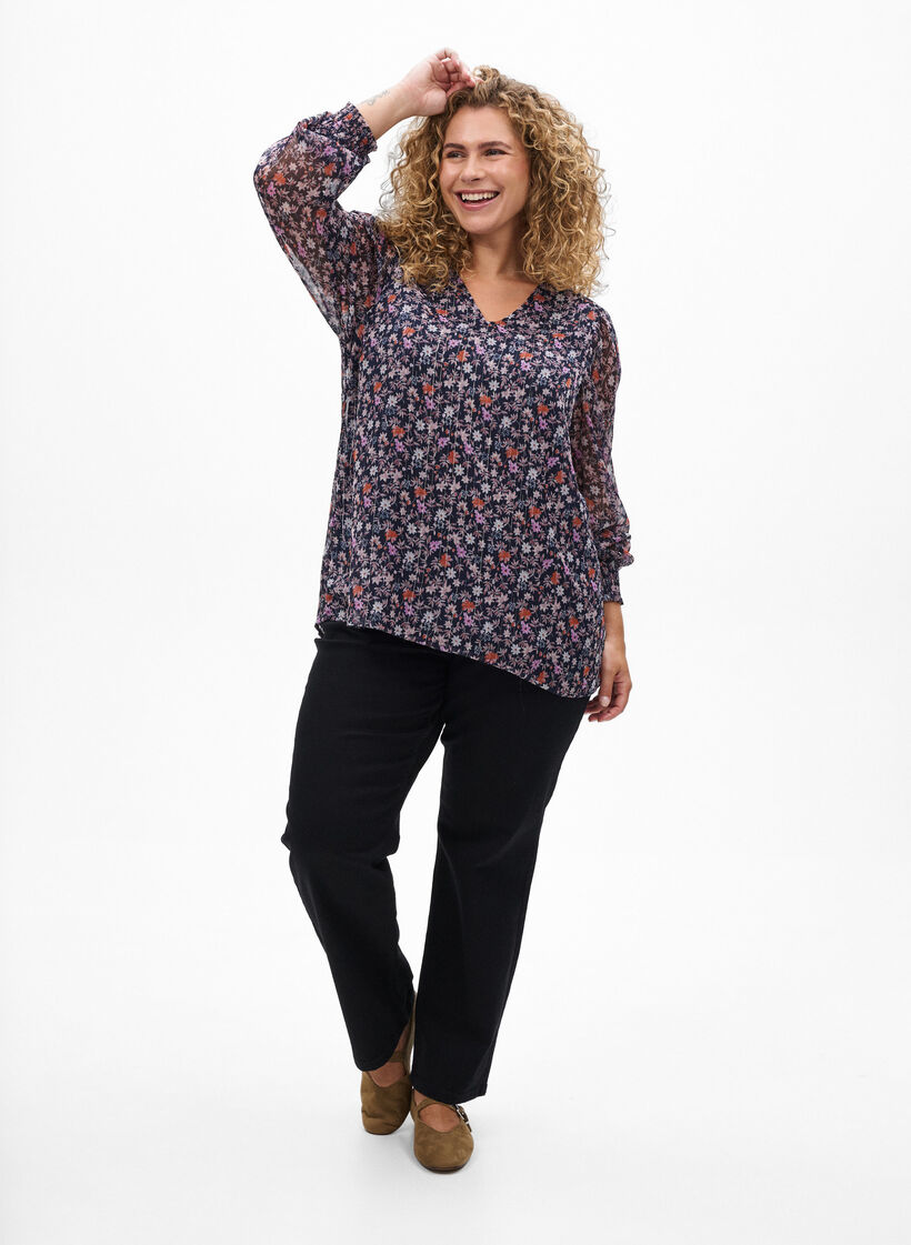 Bluse mit gebl&uuml;mtem Print und Glitzerfaden, Blau, Model image number 1