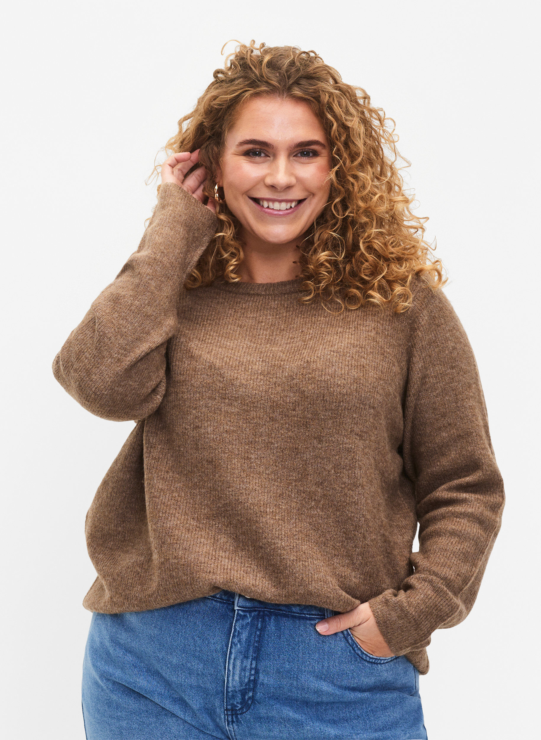 Zizzi Melange-Pullover mit Rundhalsausschnitt	, Caribou Mel., Model image number 0
