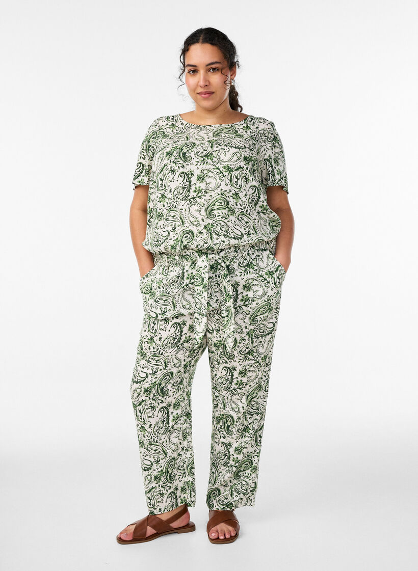 Kurz&auml;rmelige Bluse aus Viskose mit Print, Gr&uuml;n, Model image number 1