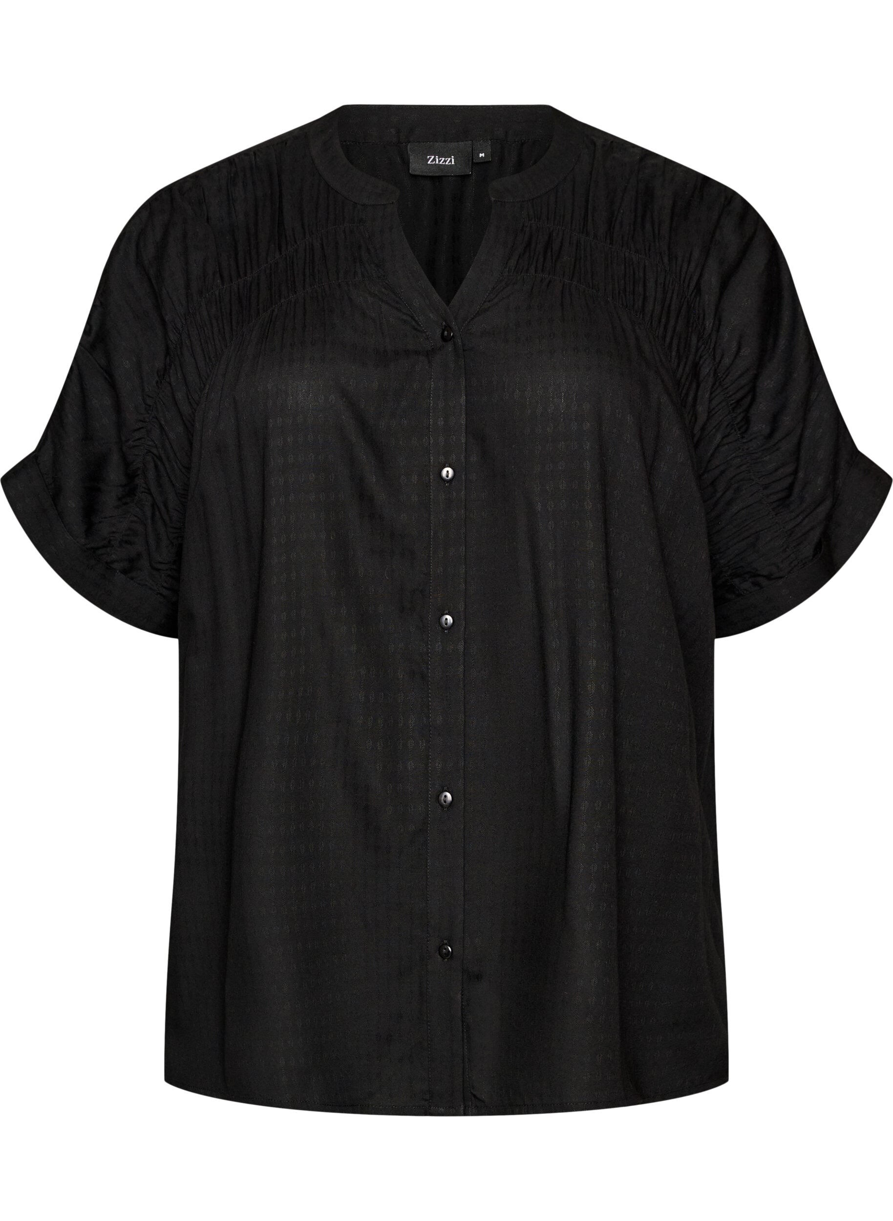 ZizziBluse aus Viskose mit kurzen &Auml;rmeln und Raffdetails, Schwarz, Packshot image number 0