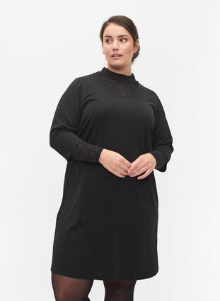 Einfarbiges Kleid mit V-Ausschnitt und 3/4 Ärmeln, Black, Model image number 0