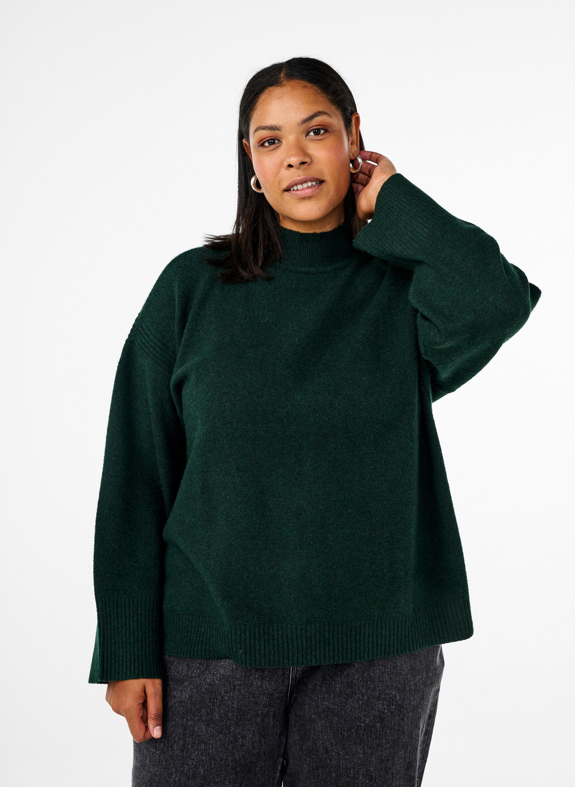 Zizzi Strickpullover mit gerippten Abschl&uuml;ssen, Scarab Mel., Model image number 0