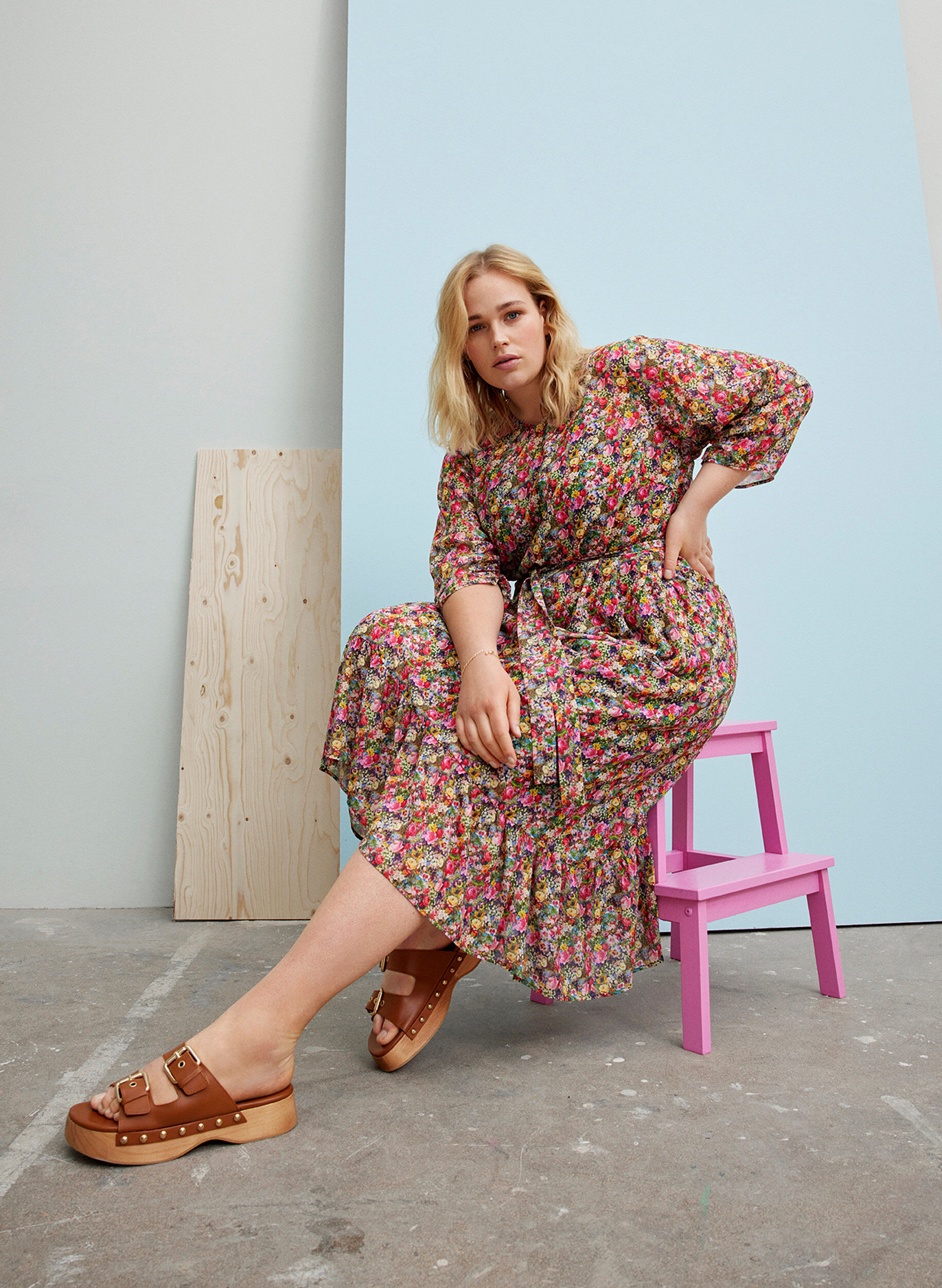 Zizzi Midikleid mit Blumenprint und Bindeband an der Taille, Pink Flower AOP, Image image number 0