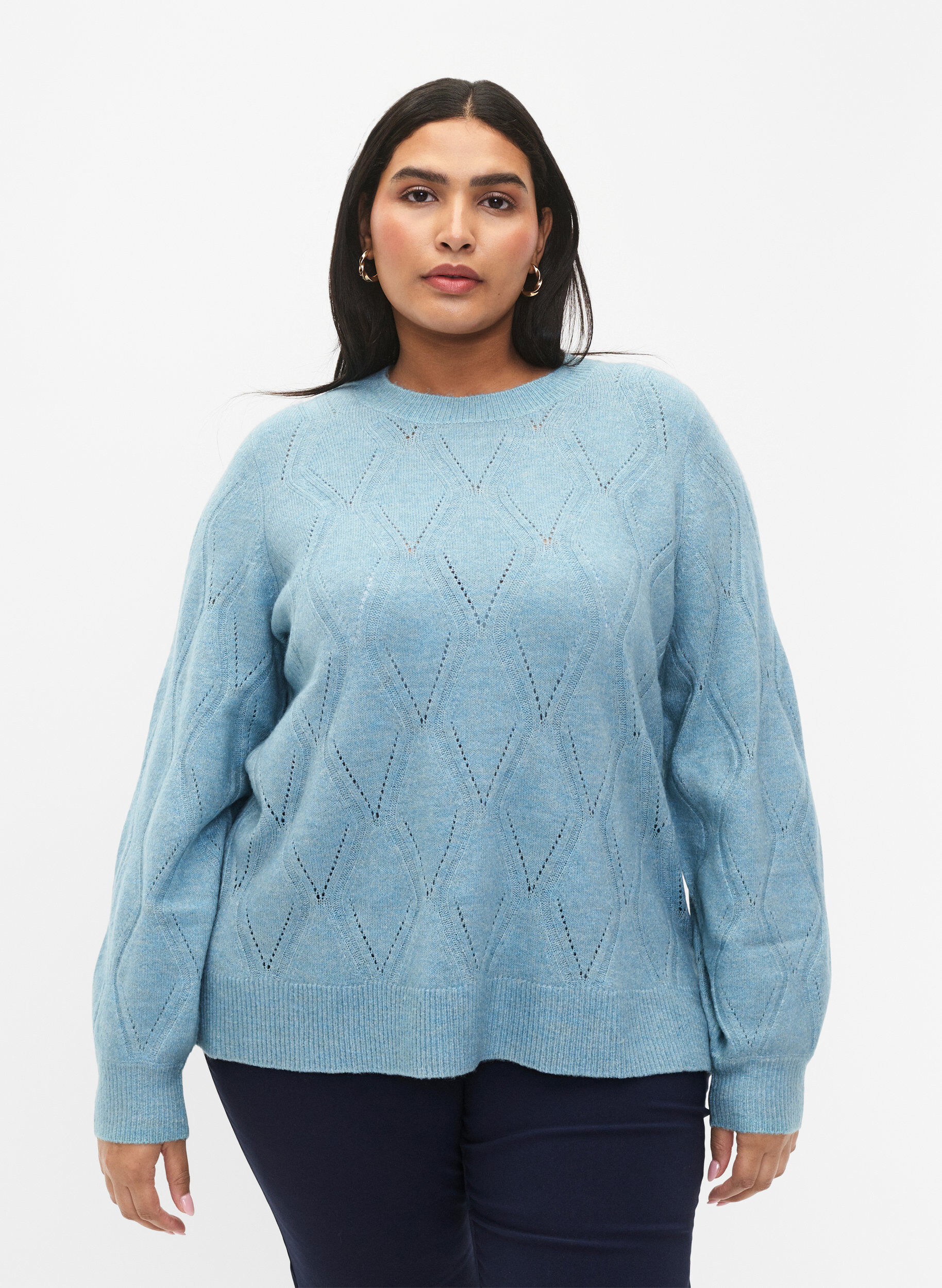 Zizzi Gestrickter Pullover mit Lochmuster, Reef Waters Mel., Model image number 0