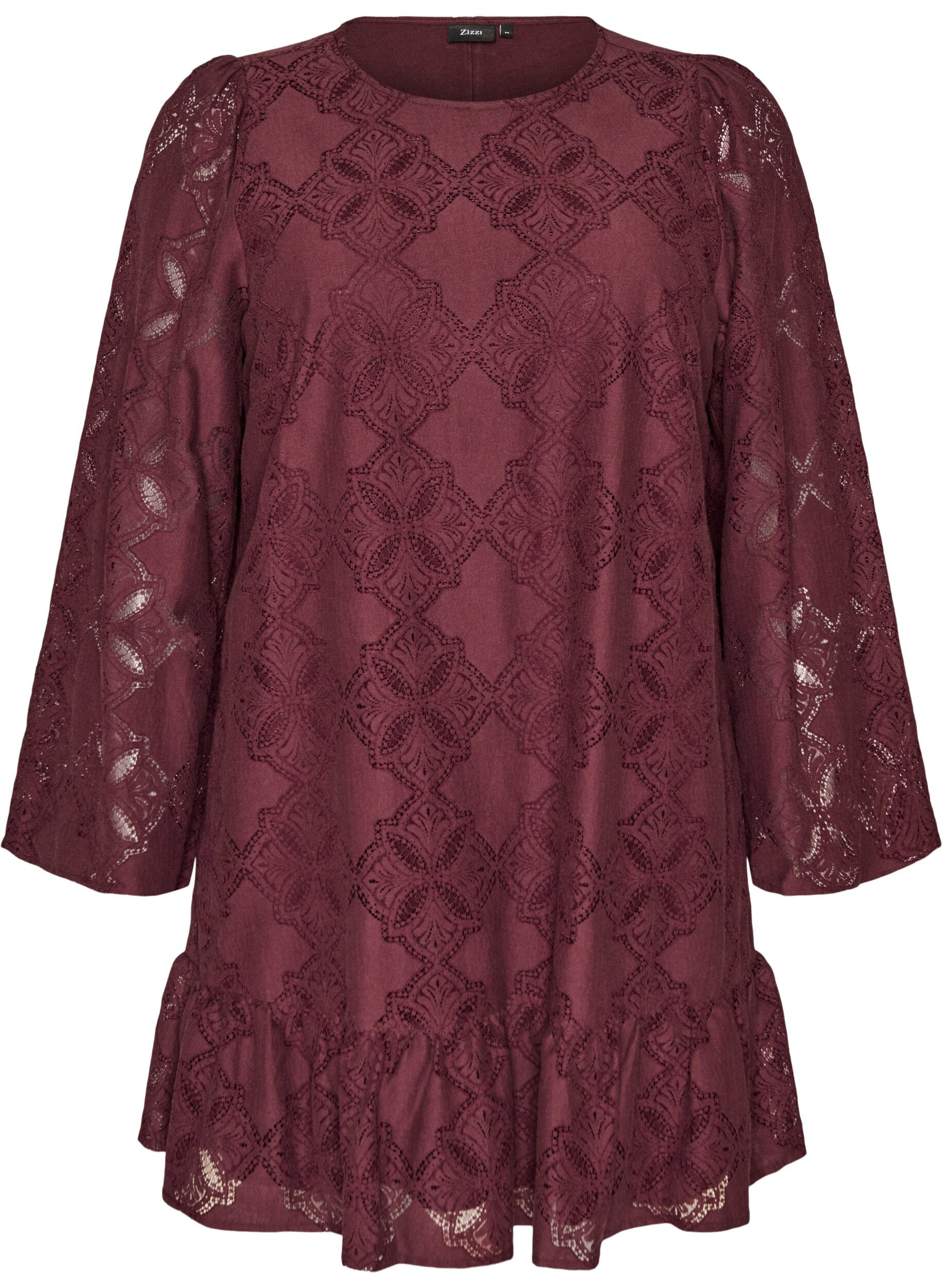 ZizziSpitzenkleid mit langen &Auml;rmeln und R&uuml;schensaum, Dunkles Bordeaux, Packshot image number 0