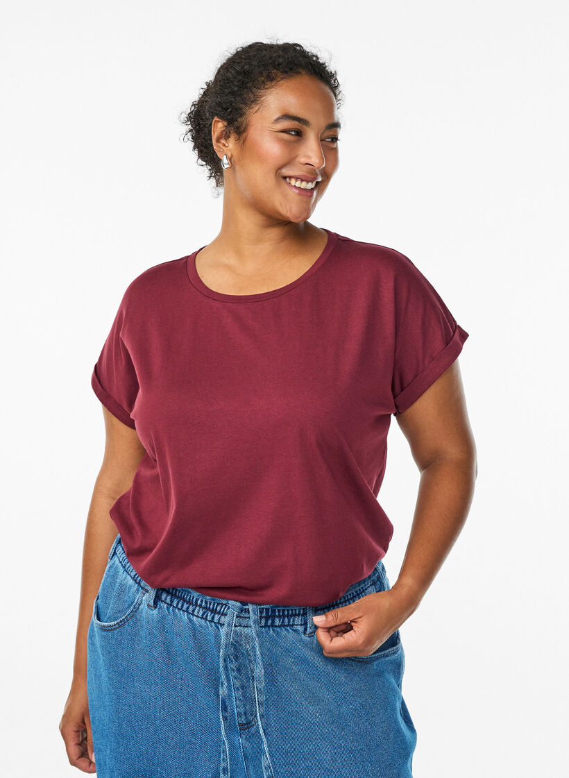 Kurz&auml;rmeliges T-Shirt aus einer Baumwollmischung, Dunkles Bordeaux, Model image number 0