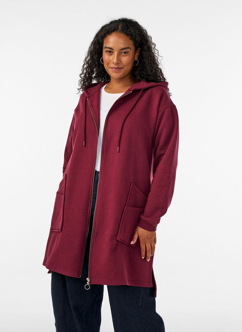 Langer Cardigan mit Kapuze und Rei&szlig;verschluss, Rot, Model image number 0
